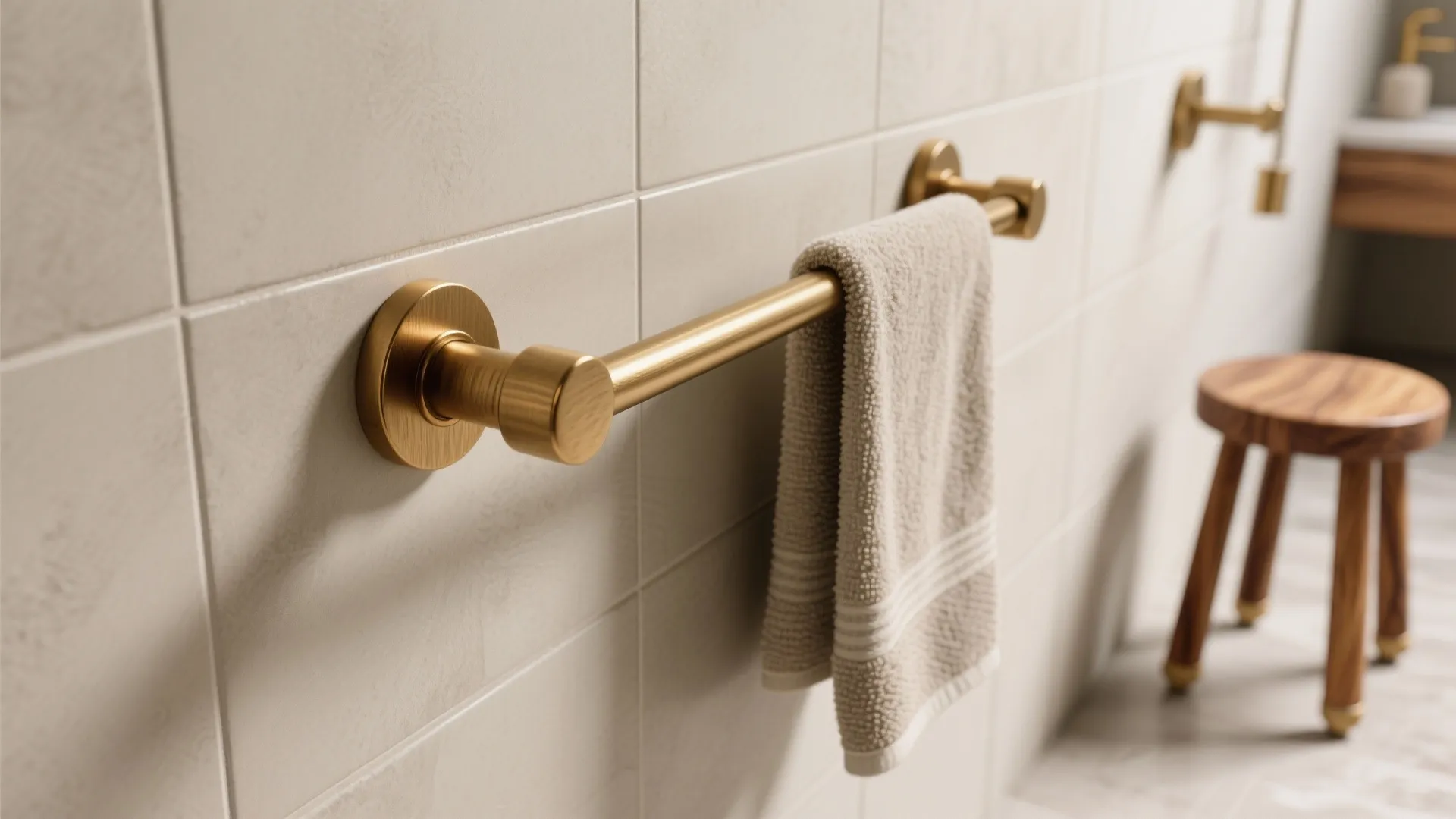 Gold metal towel bar on white wall tiles with beige towel and wooden stool nearby