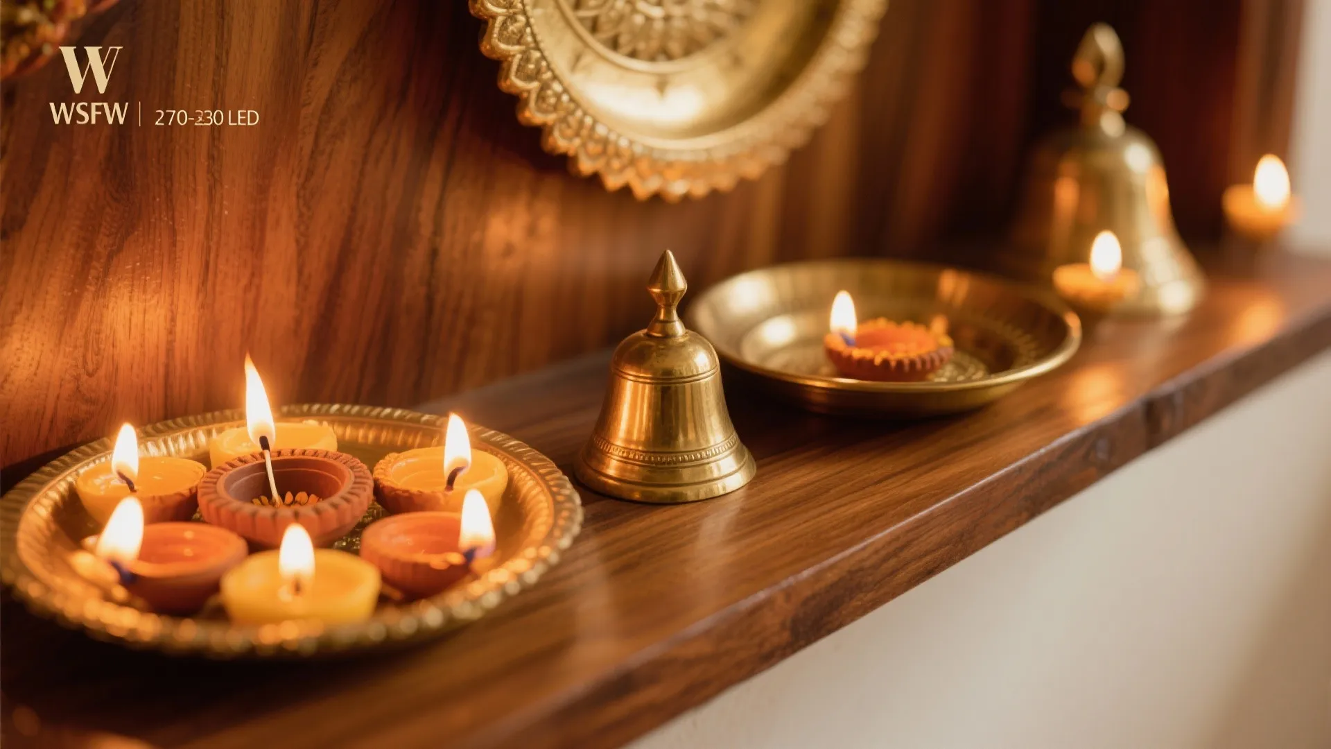 Warm brass, teak, and diya lighting