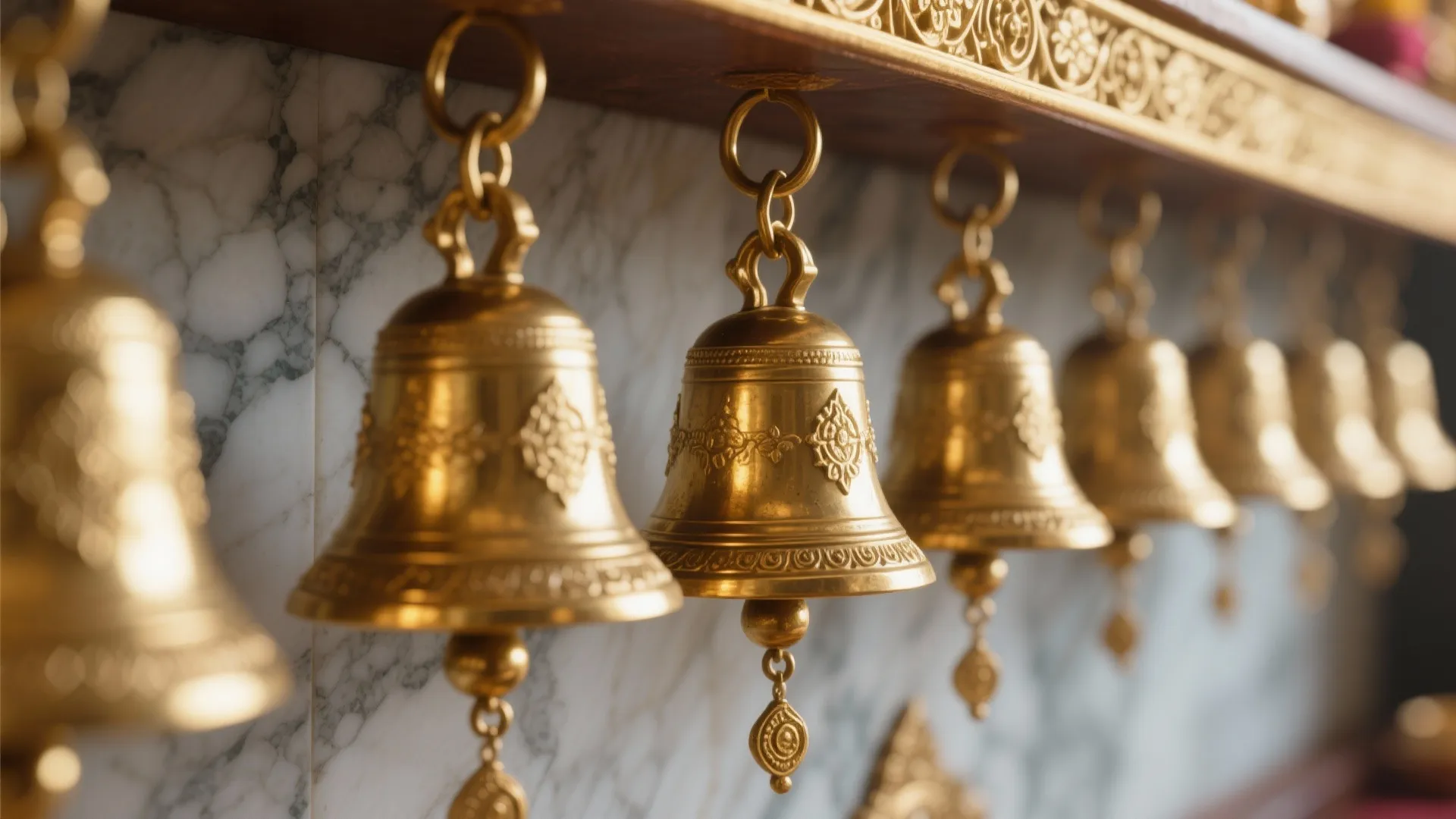 Row of golden brass bells hanging against a white marble wall in a home interior