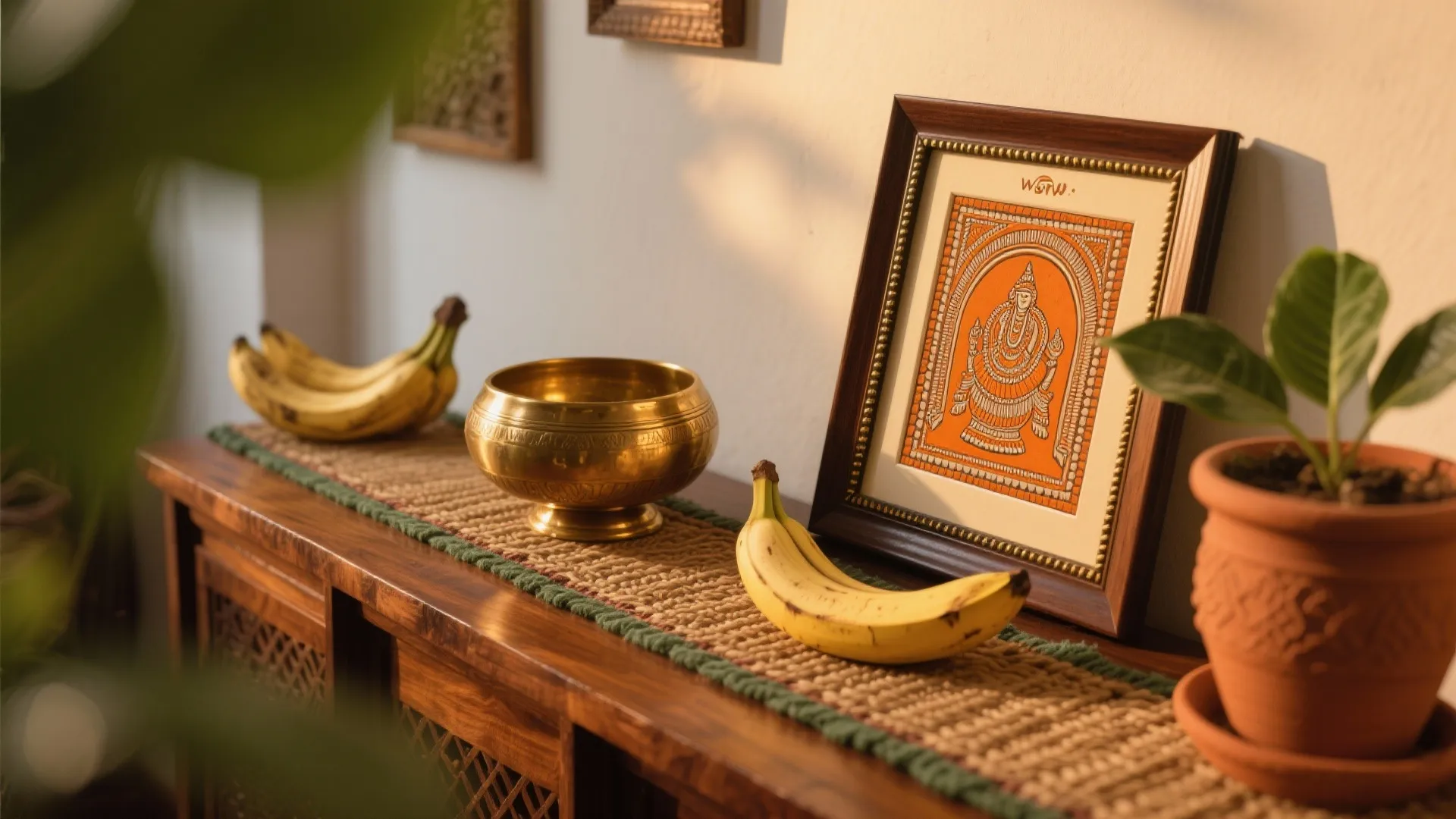 Wooden cabinet top with a gold bowl framed art bananas and a small potted green plant