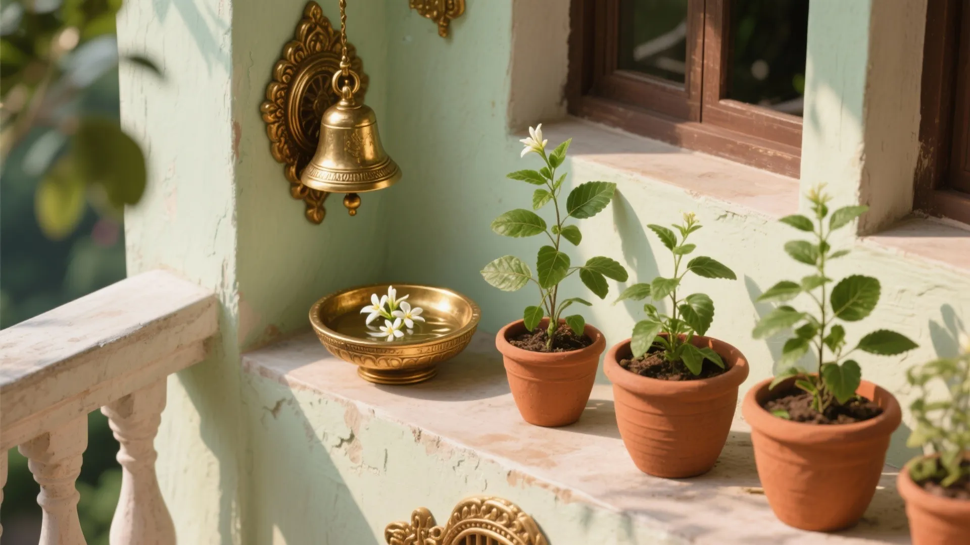 Brass urli with jasmine and grouped terracotta planters on a Kerala-style balcony.