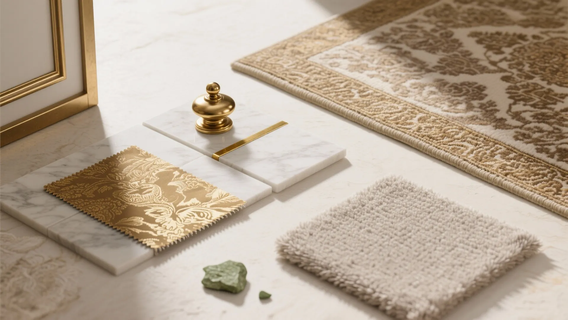 Flat lay of brushed brass, silk brocade, wool rug, matte marble, lime plaster, and acoustic fabric for a quiet luxury palette.