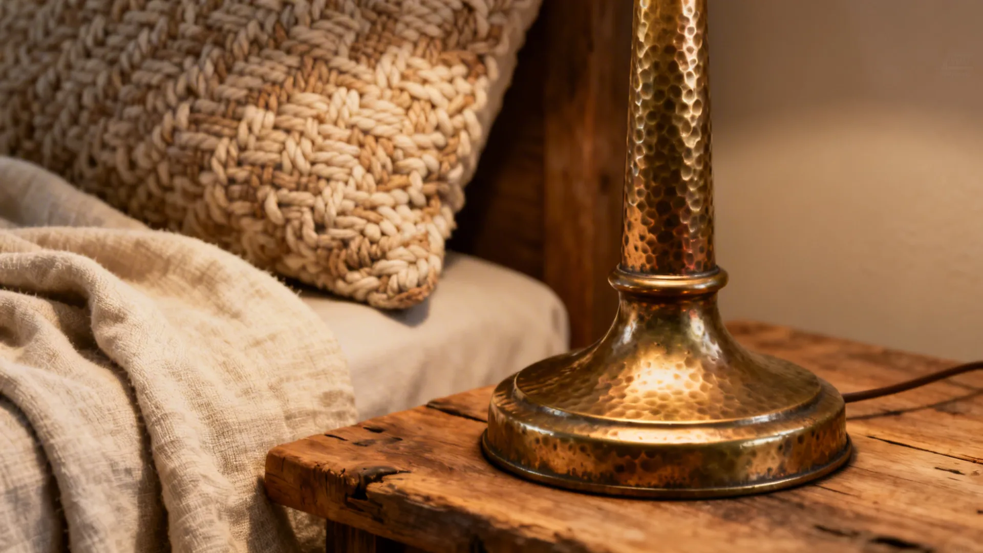 Close-up of a hammered brass lamp next to linen and boucle textures, showing tactile contrast.