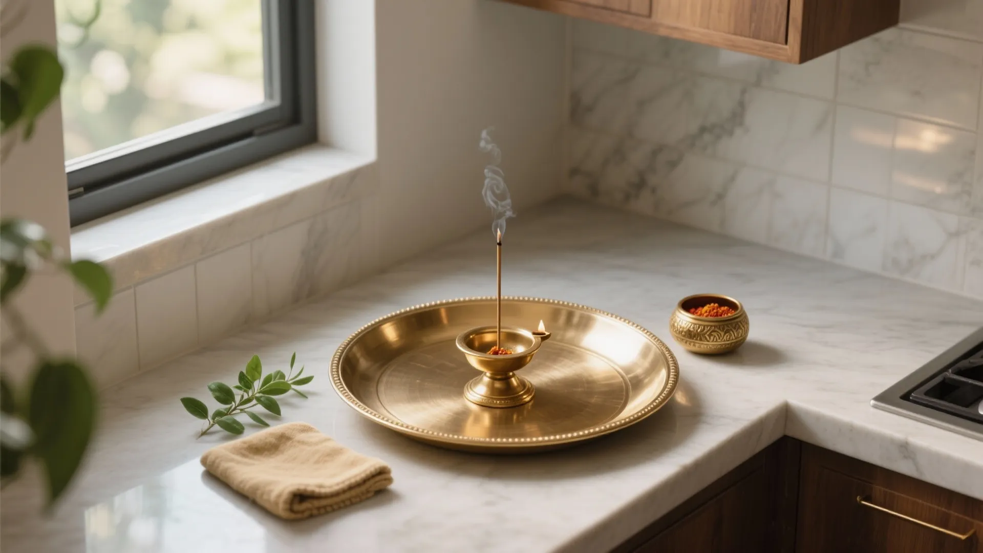 1) Minimalist Brass Pooja Thali with Modular Add‑Ons