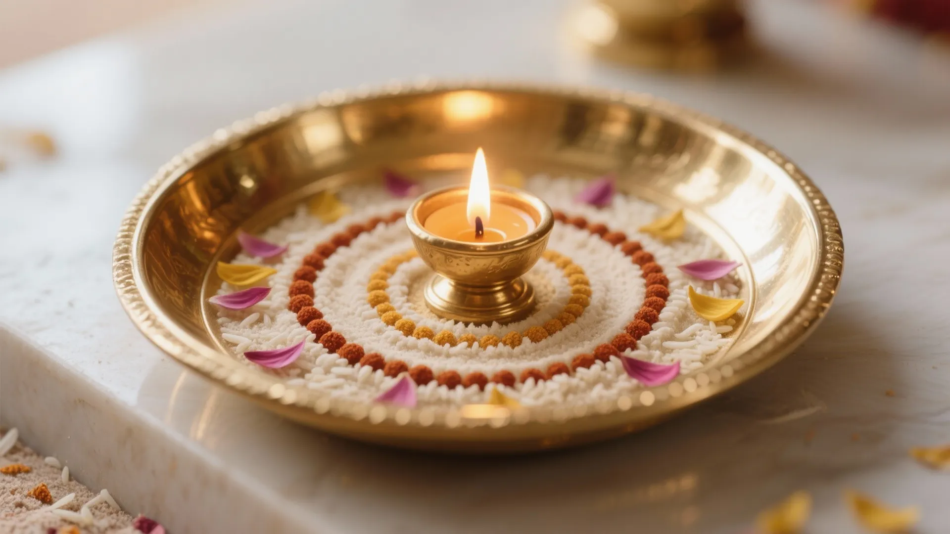 Brass plate with small oil lamp surrounded by white rice grains and colorful flower petals
