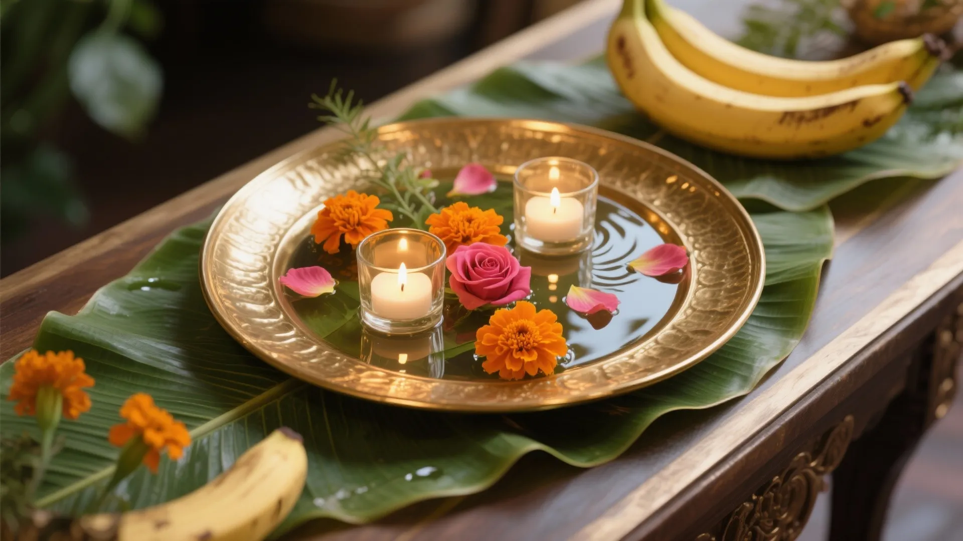 Brass Thali Centerpieces and Banana Leaf Layering
