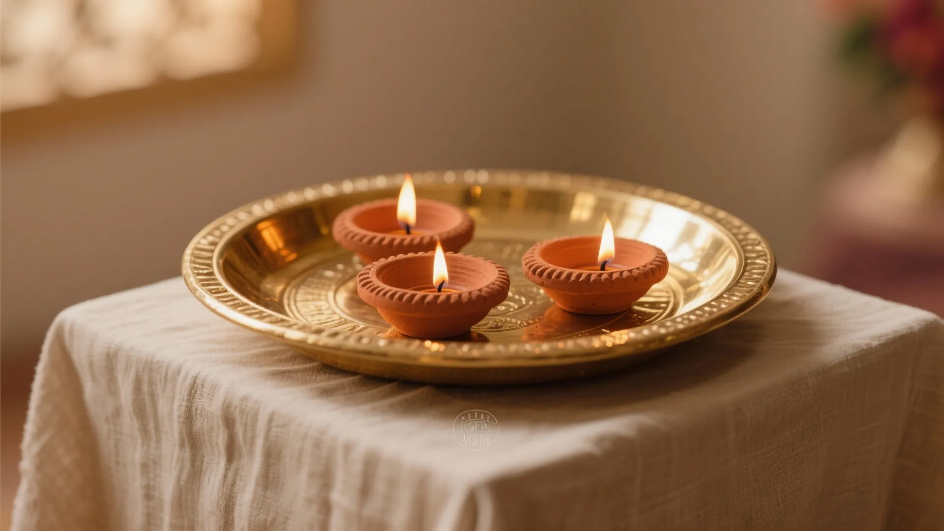 Three small clay oil lamps with flames on a round gold metal plate with cloth