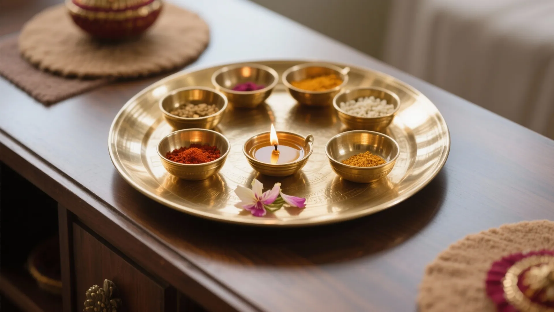 Gold metal tray holding small bowls with colored powder and a burning oil lamp inside