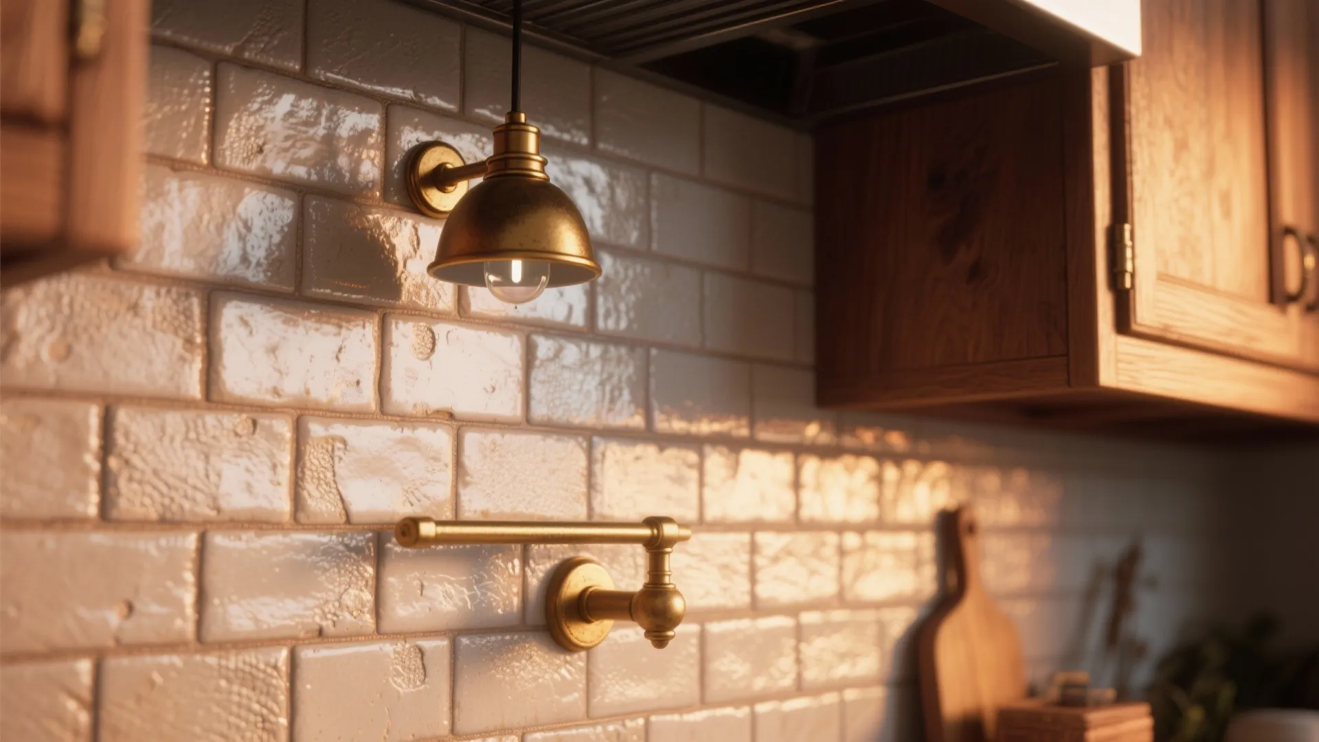4. Warm Metallics and Textured Tile Backsplash