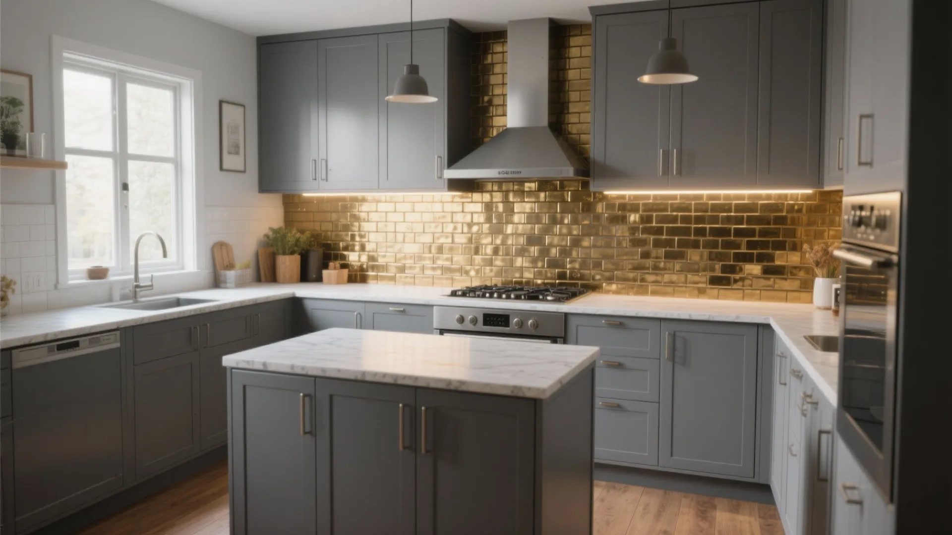Small gray kitchen with brushed brass mosaic backsplash reflecting warm light to offset cool cabinetry.
