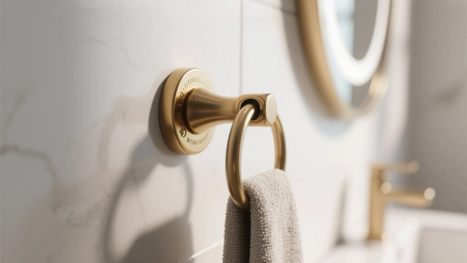 Gold circular towel ring mounted on white marble wall with small towel hanging in bathroom