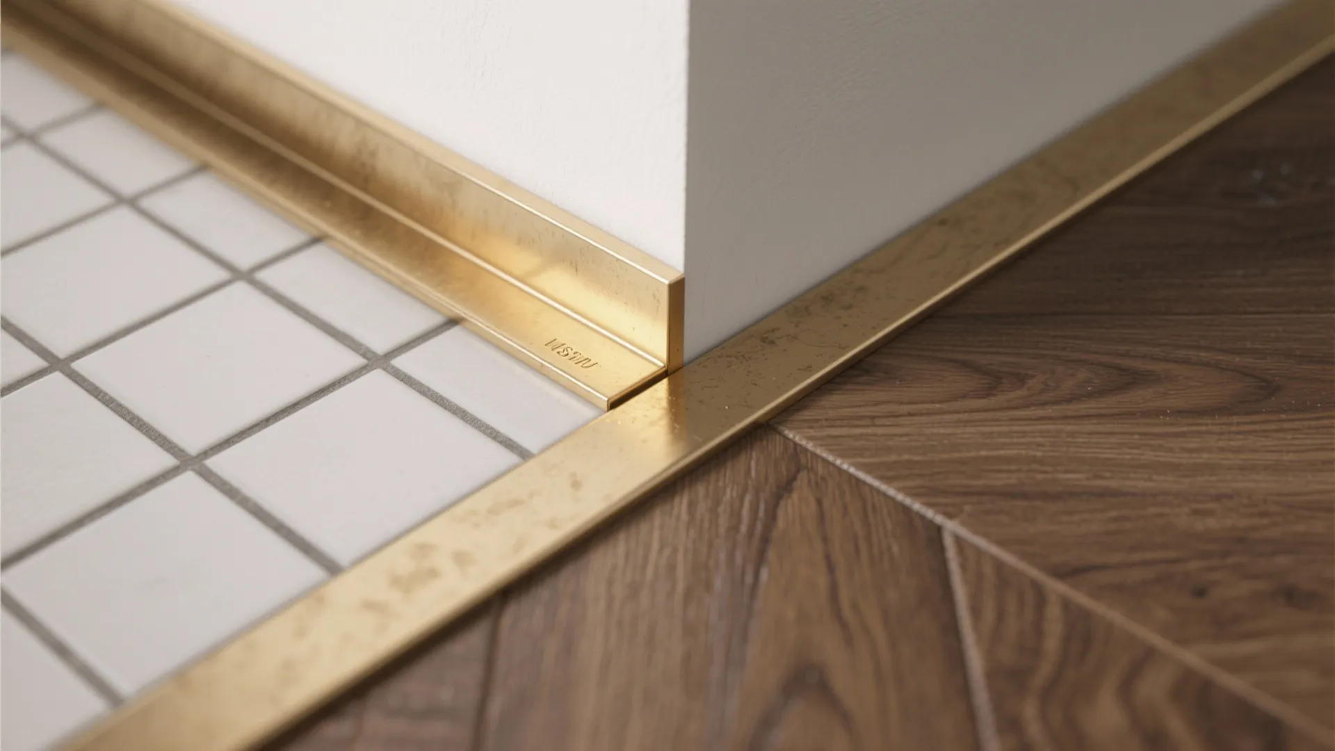Gold metal floor strip transition connecting white square tiles and dark brown wood pattern floor boards