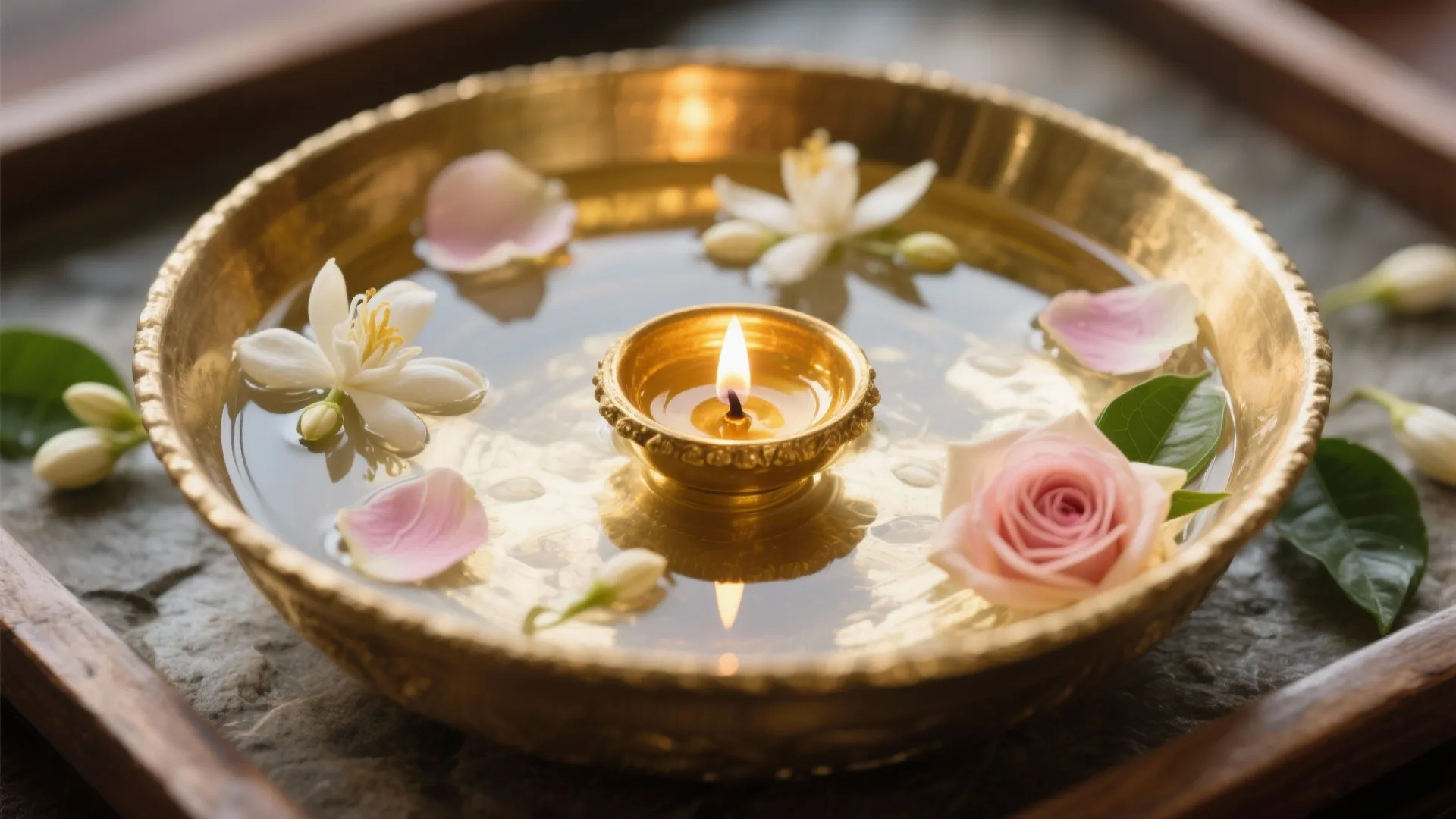 Brass Urli with Floating Flowers and Diyas