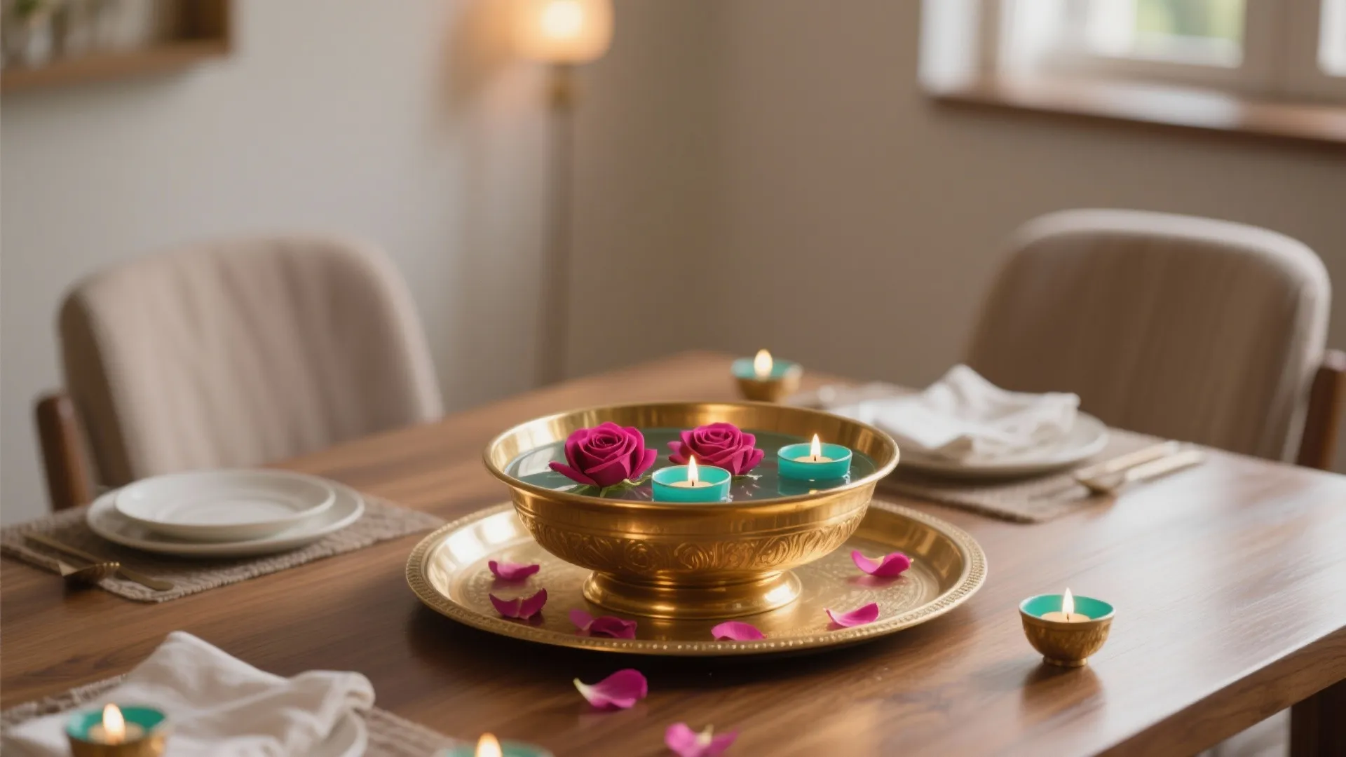 Gold bowl with floating pink roses and small blue candles as a wooden table centerpiece