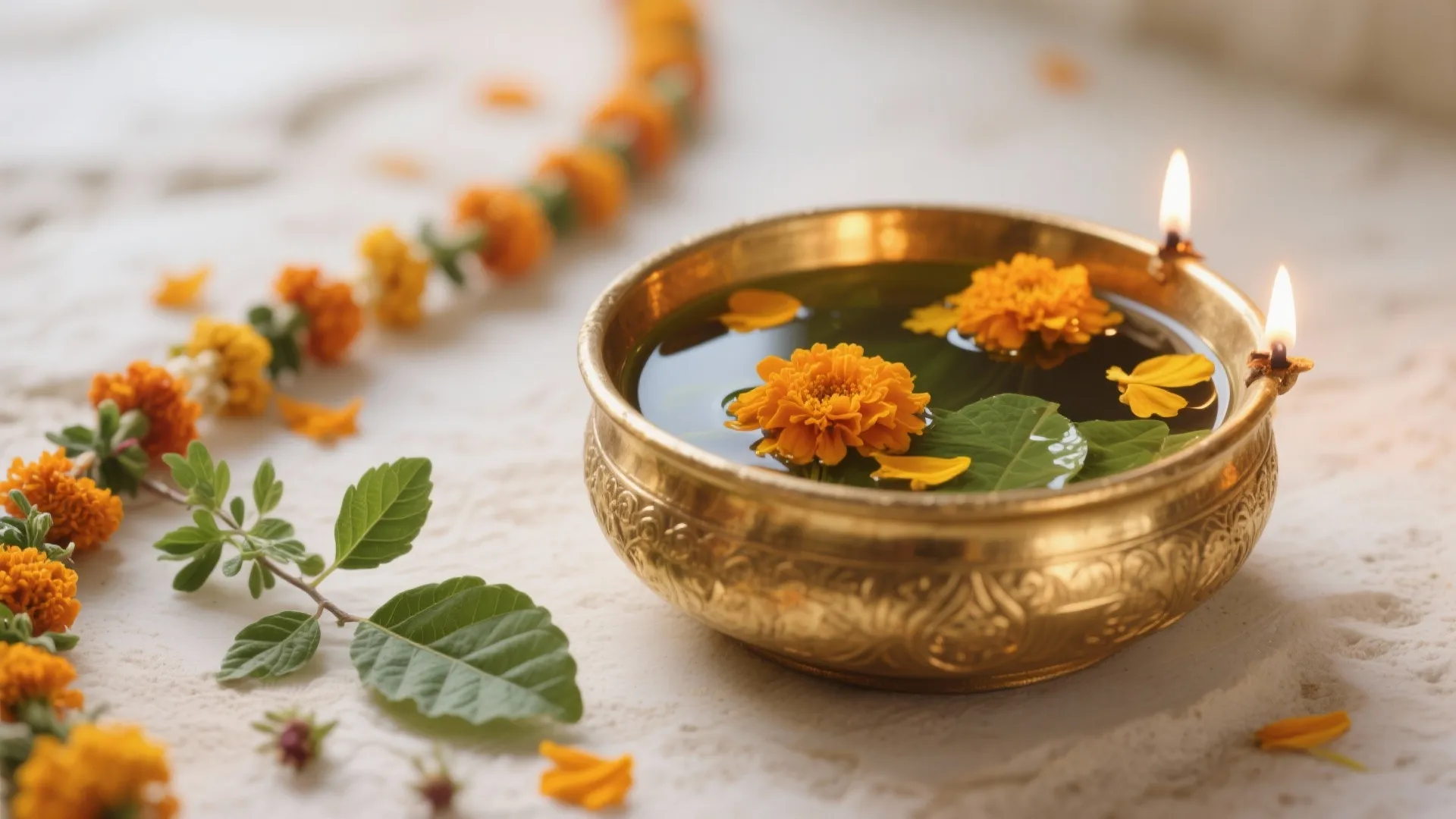 Golden bowl filled with water orange flowers and two lit candles on white textured floor