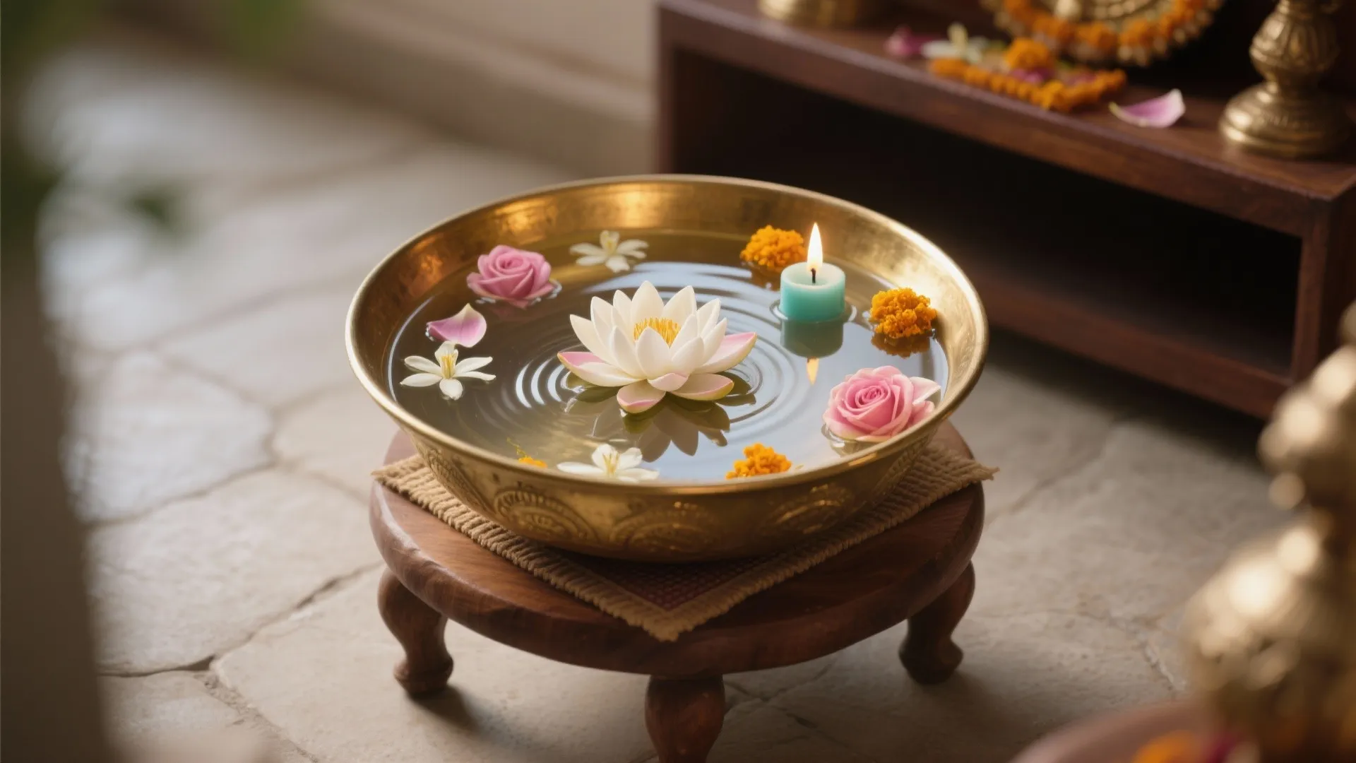 Brass Urli with Floating Flowers and Aroma
