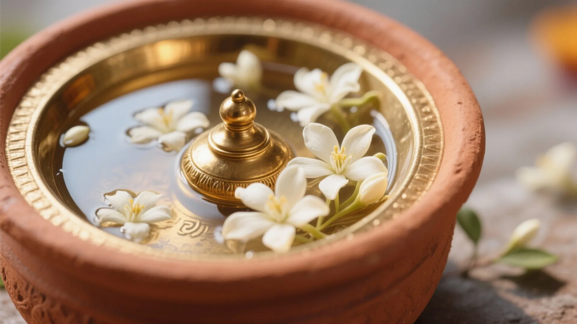 Close-up of brass urli with jasmine beside a terracotta planter rim.