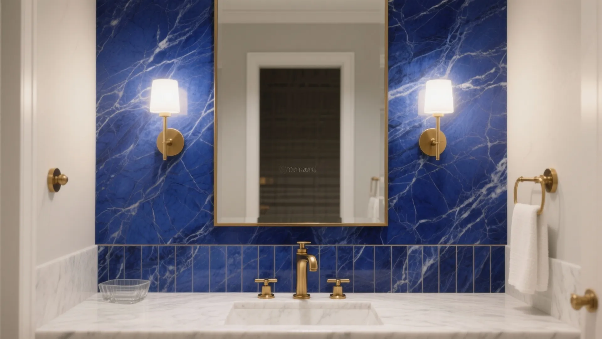 Statement wall in blue marble with navy veining and brushed brass fixtures creating a warm contrast.