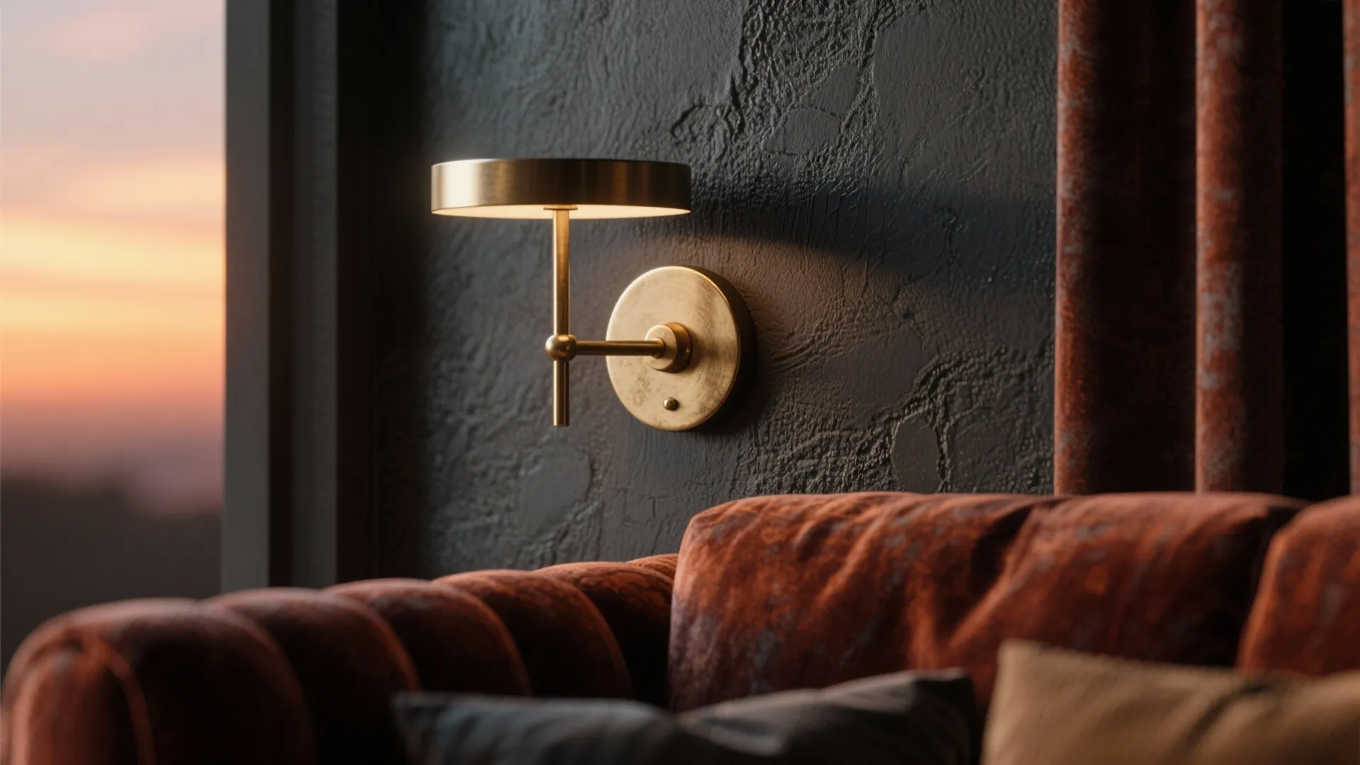 Brass wall light on dark textured wall with orange velvet sofa and sunset window view