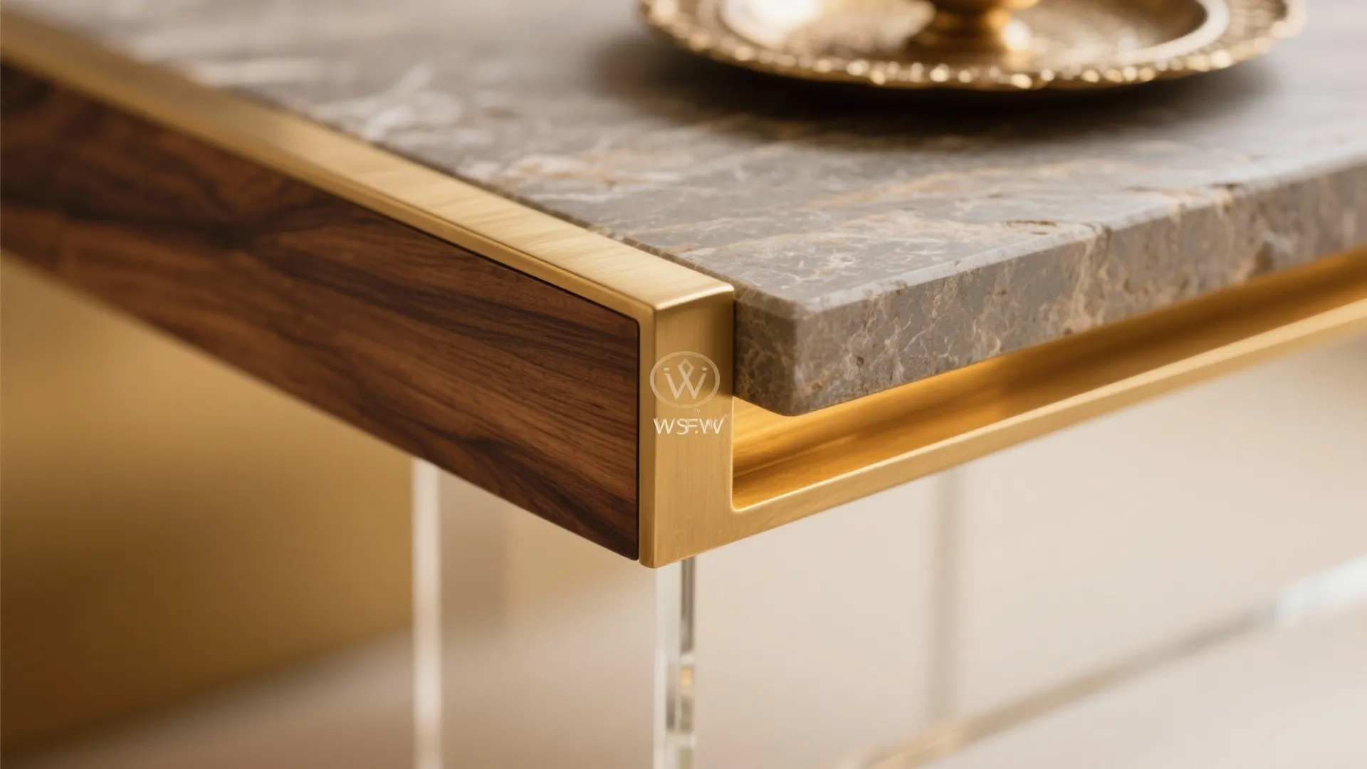 Close up of marble table top with gold metal edge wood panel and clear glass legs