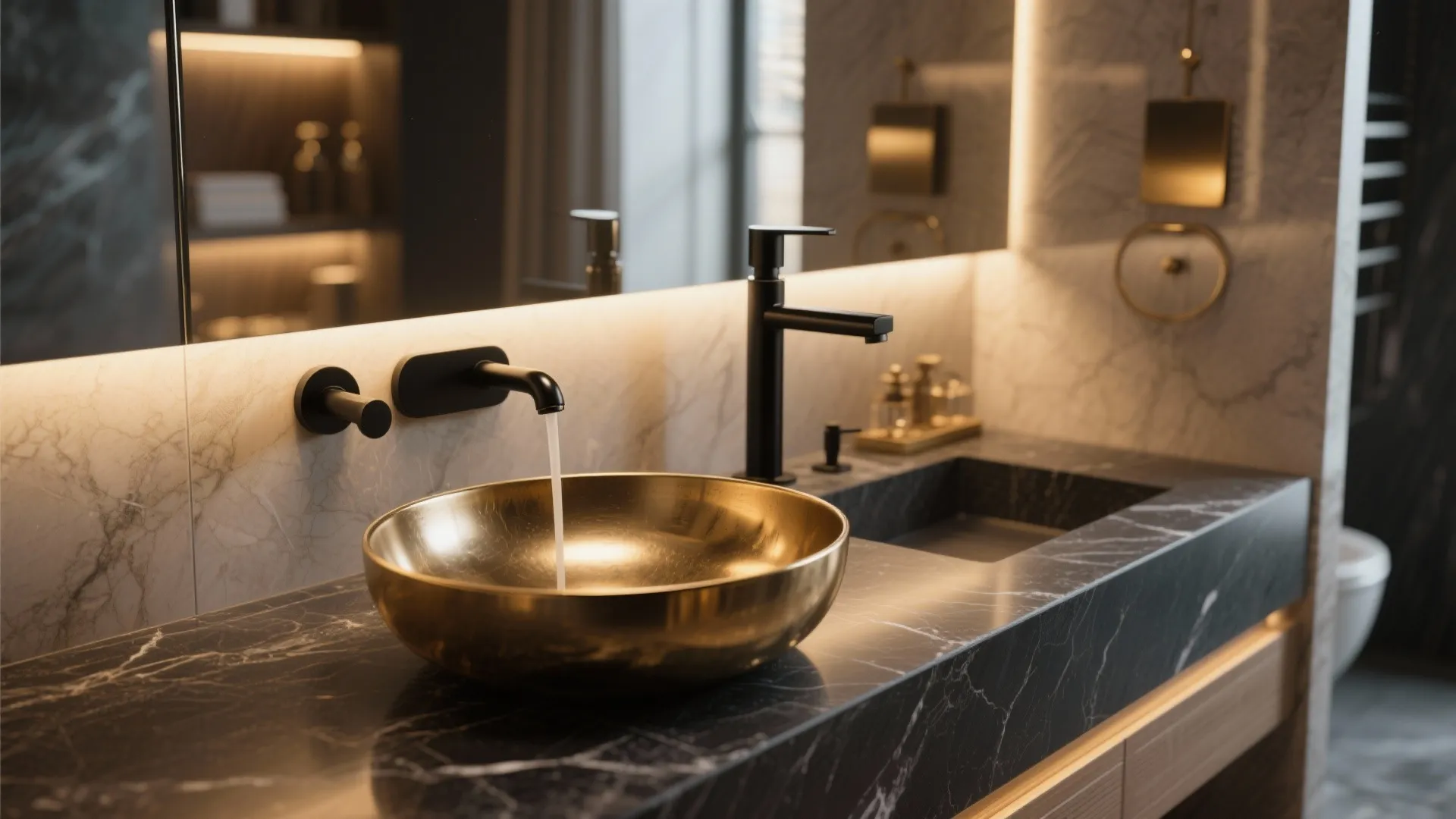 Brushed brass vessel sink with matte black faucet in luxury bathroom
