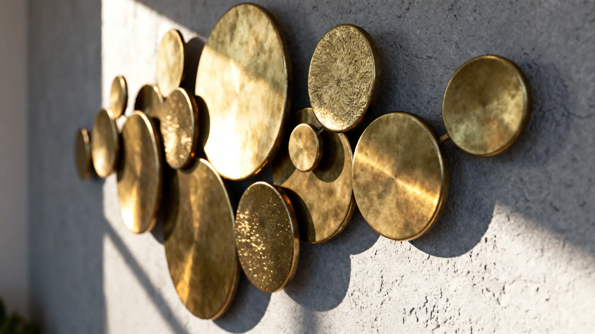 Close-up of brass disc wall sculptures reflecting warm light on a grey wall.