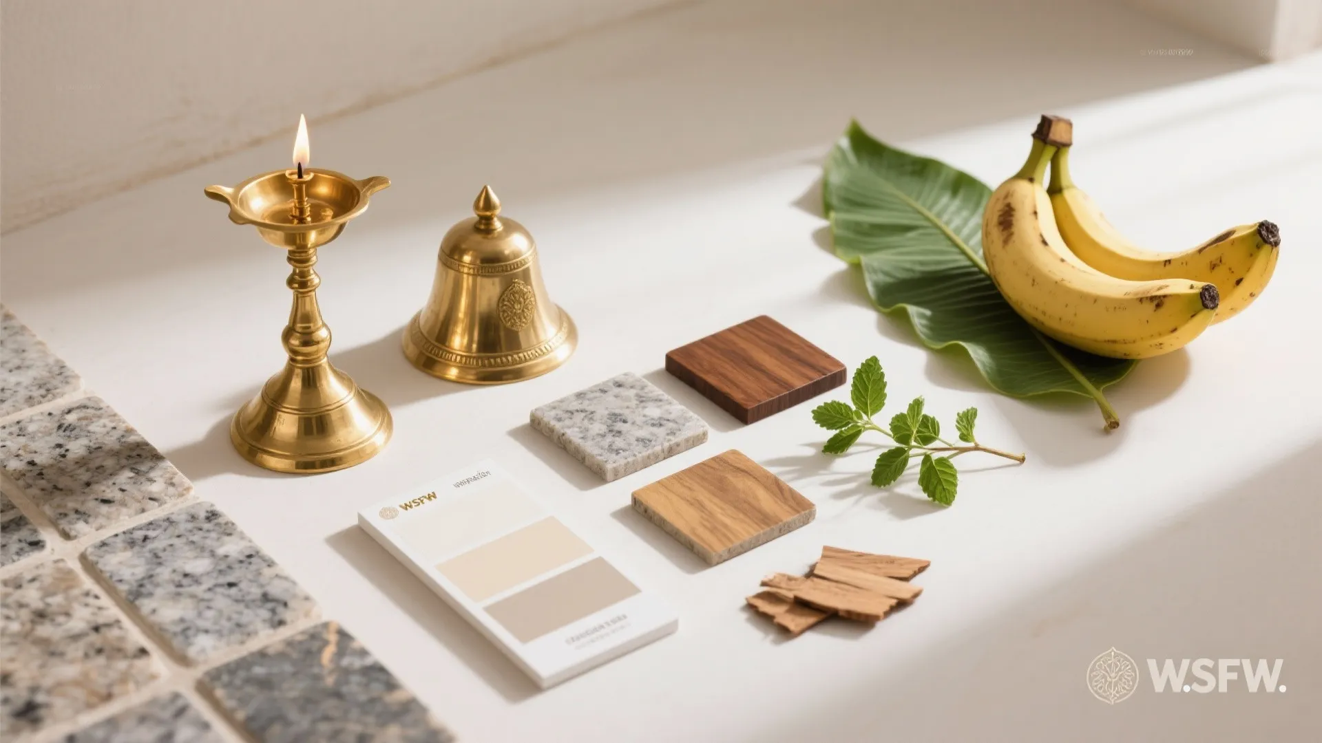 5) Brass Vilakkus, White Walls, and Banana Leaf Greens