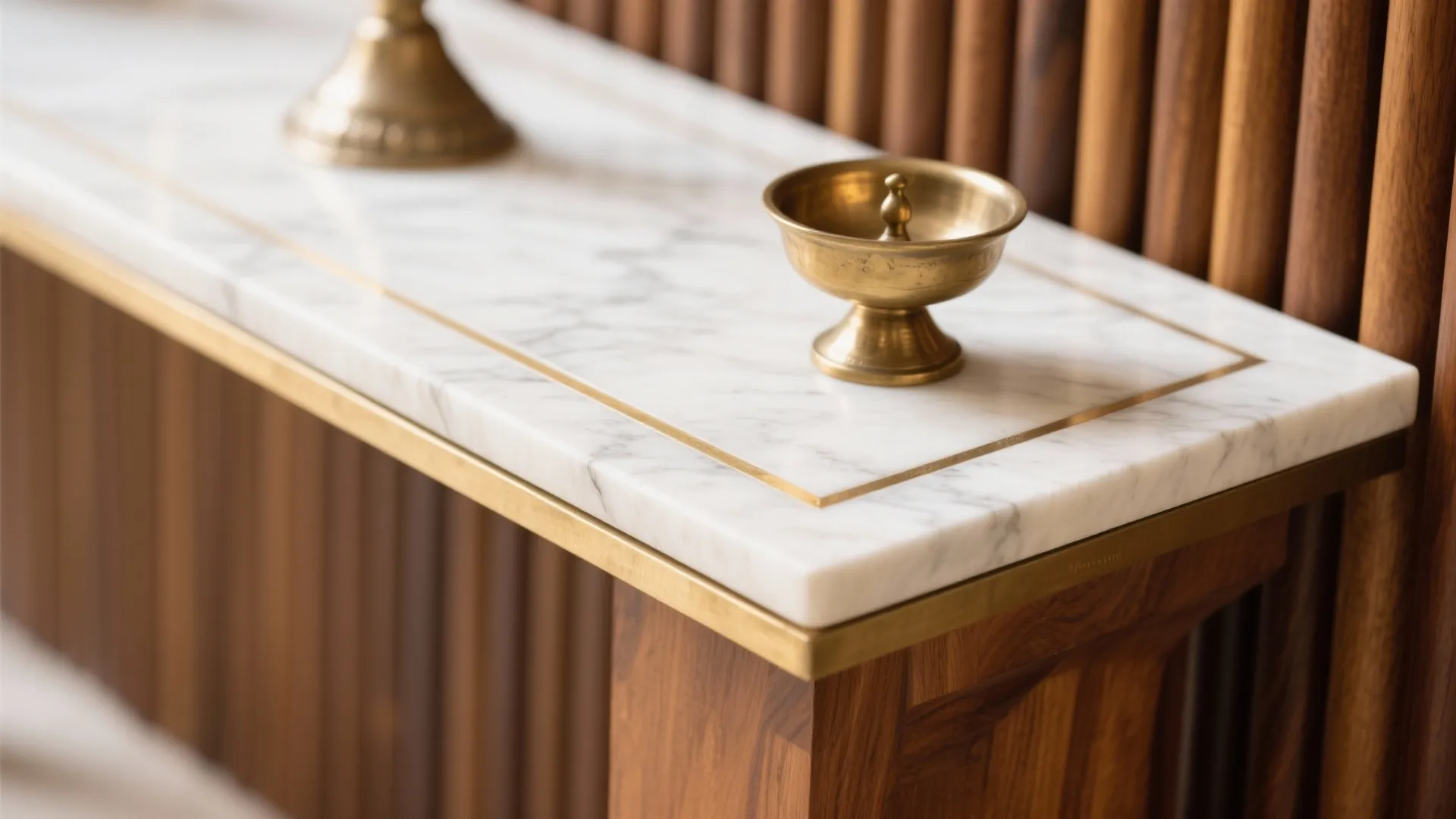 Warm Brass, Wood Accents, and Honed Marble Layering