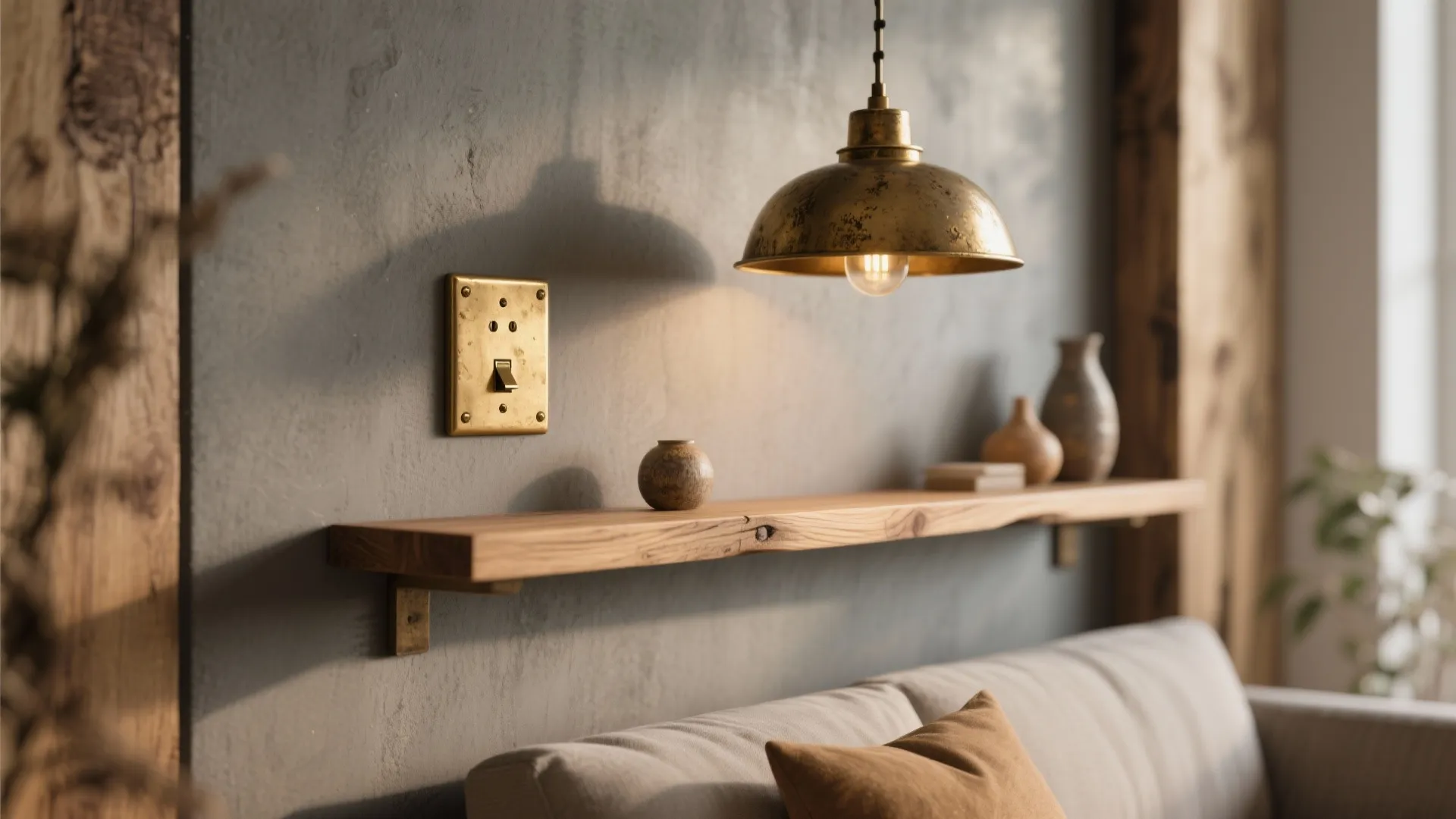 Brass ceiling light hanging over a wooden shelf with small vases against a grey wall