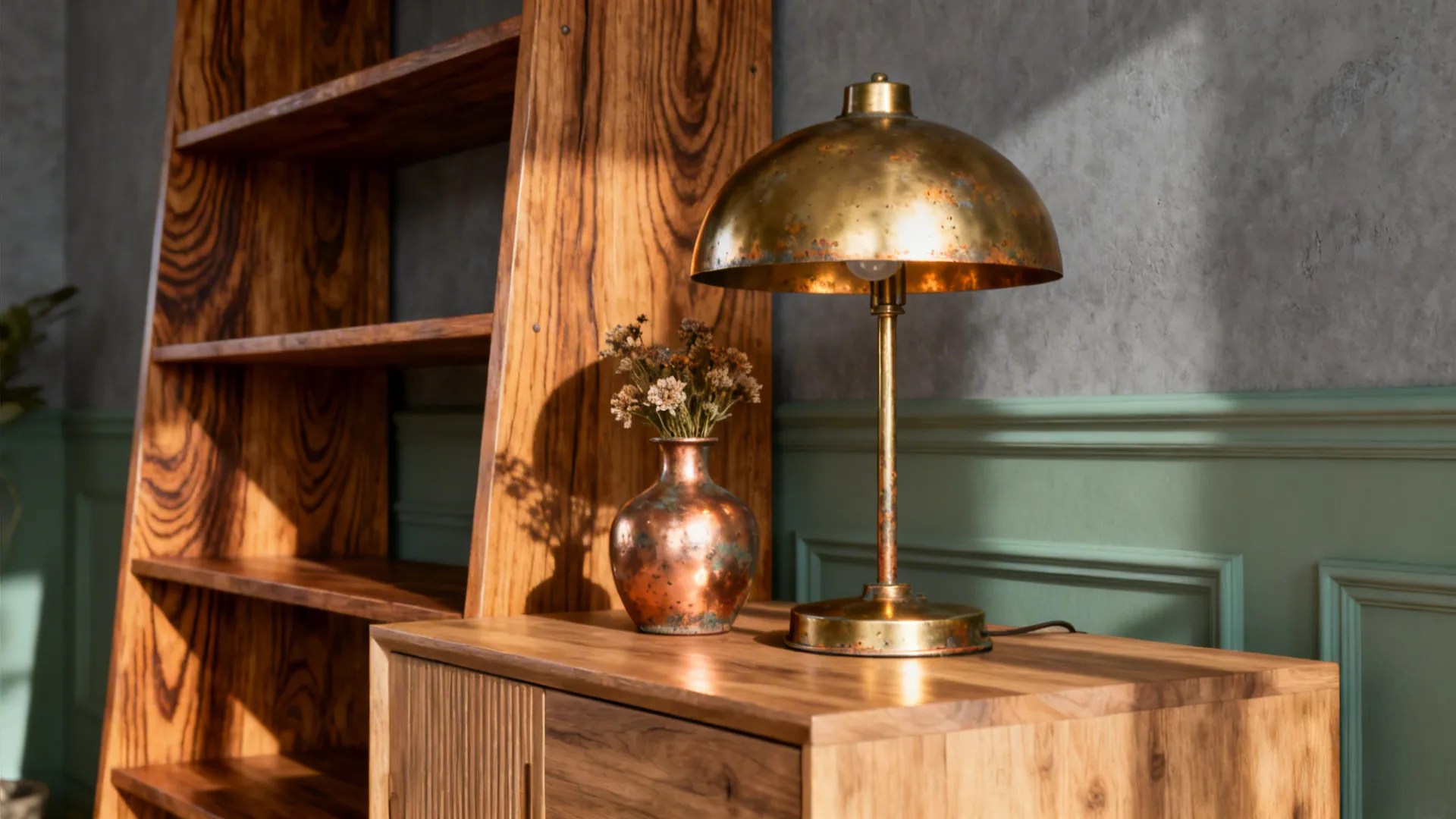 Vintage brass table lamp and flower vase on wooden cabinet next to bookshelf and wall panel
