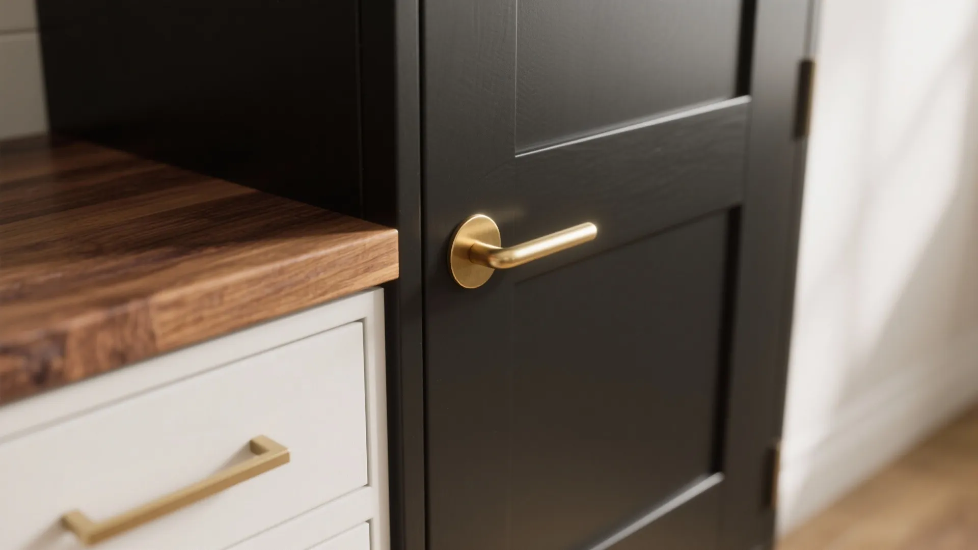 4. Warm up black with wood and brass accents