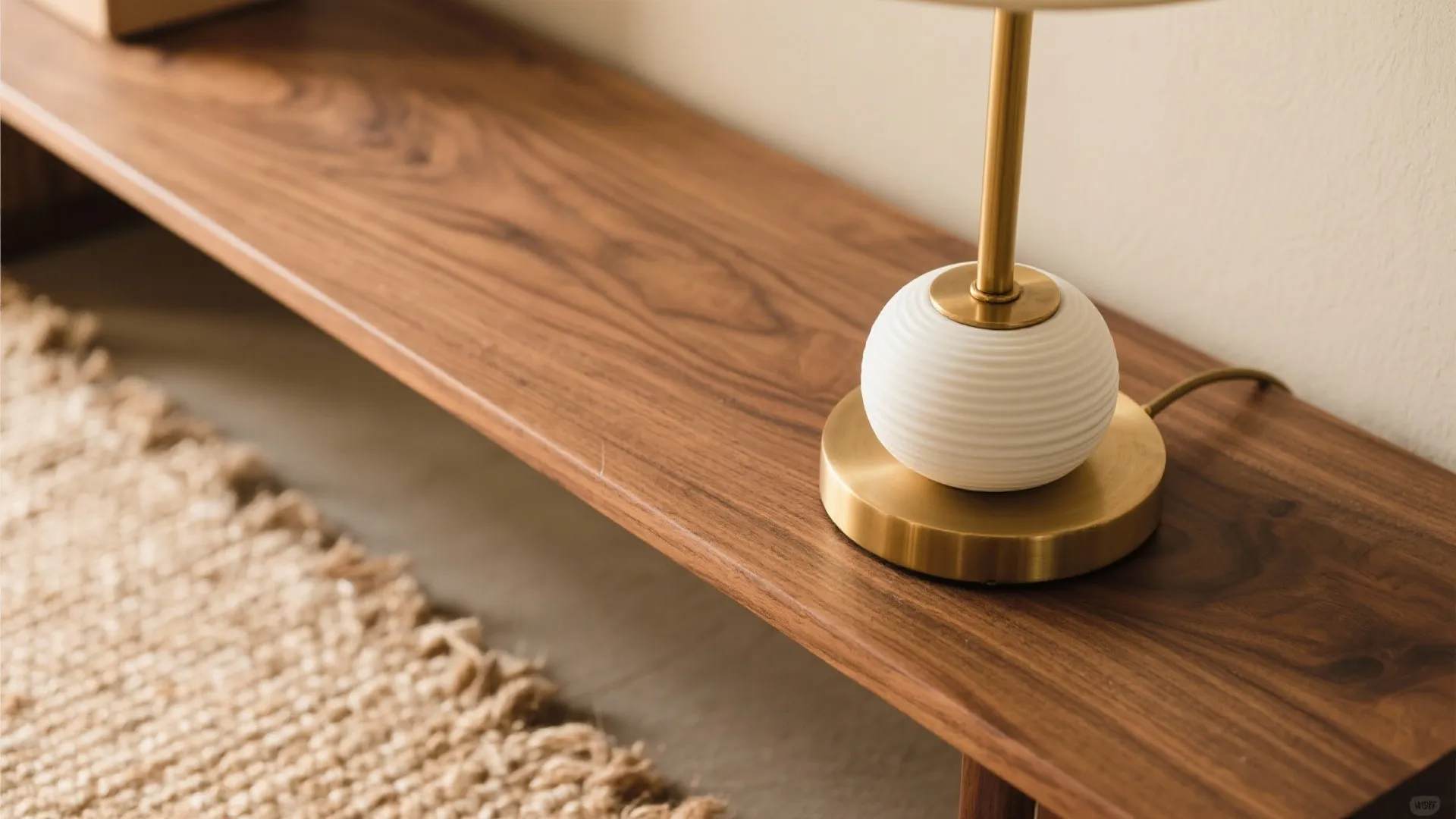 Gold table lamp with white spherical base sitting on long dark wood shelf above rug