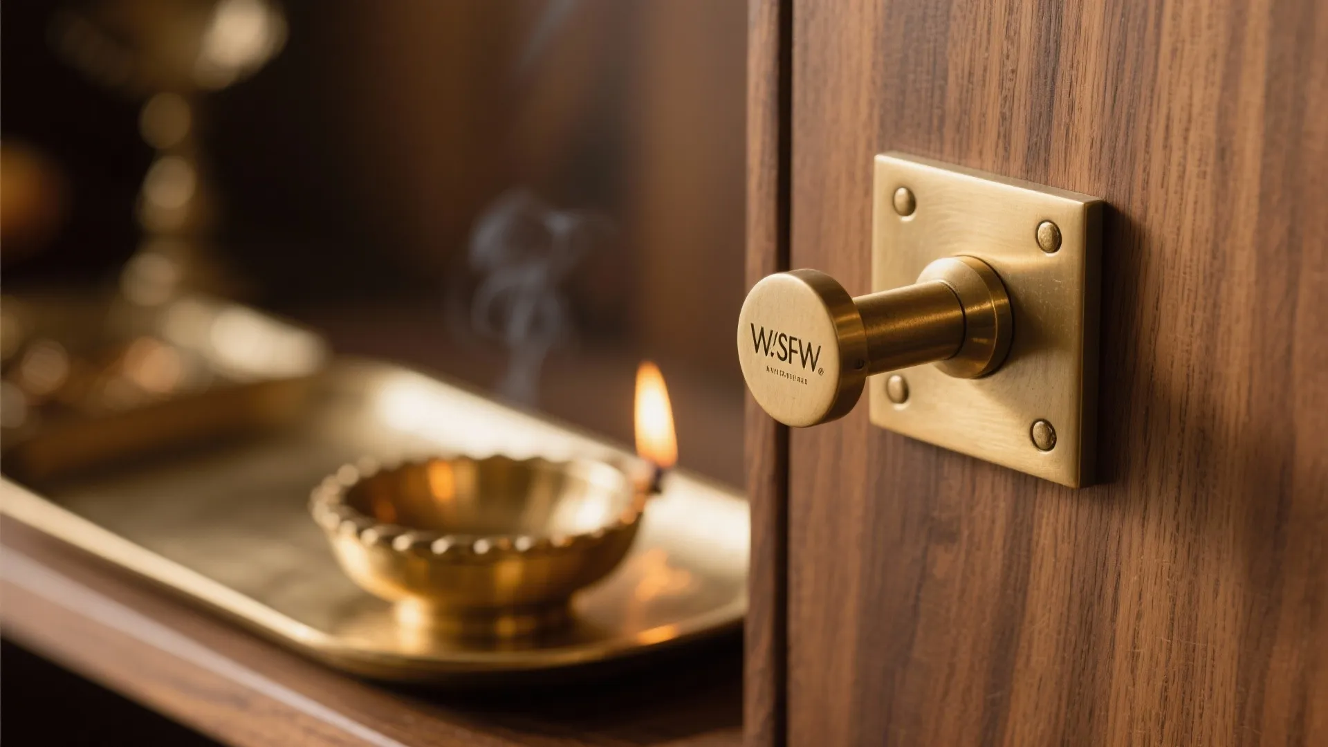 Warm wood tones with brass accents