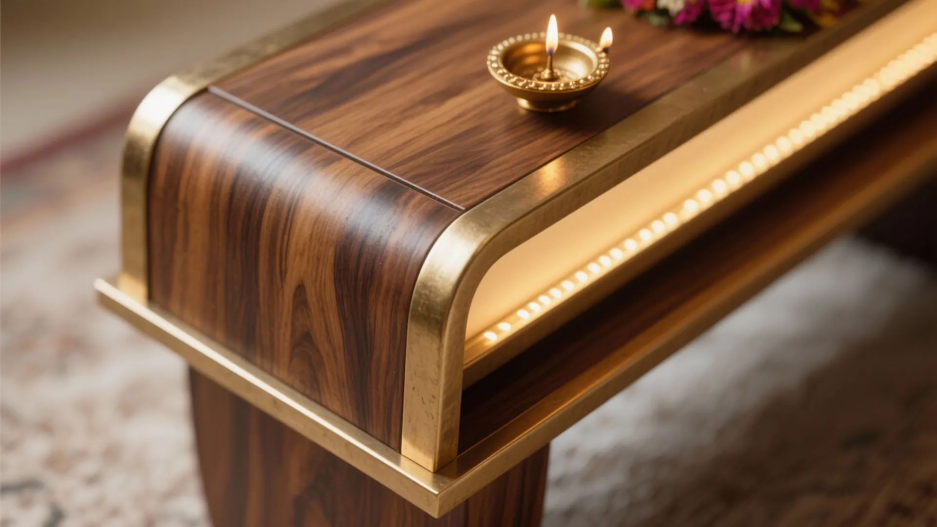 Close-up of teak veneer and matte brass trim with a glowing LED halo on a pooja table.