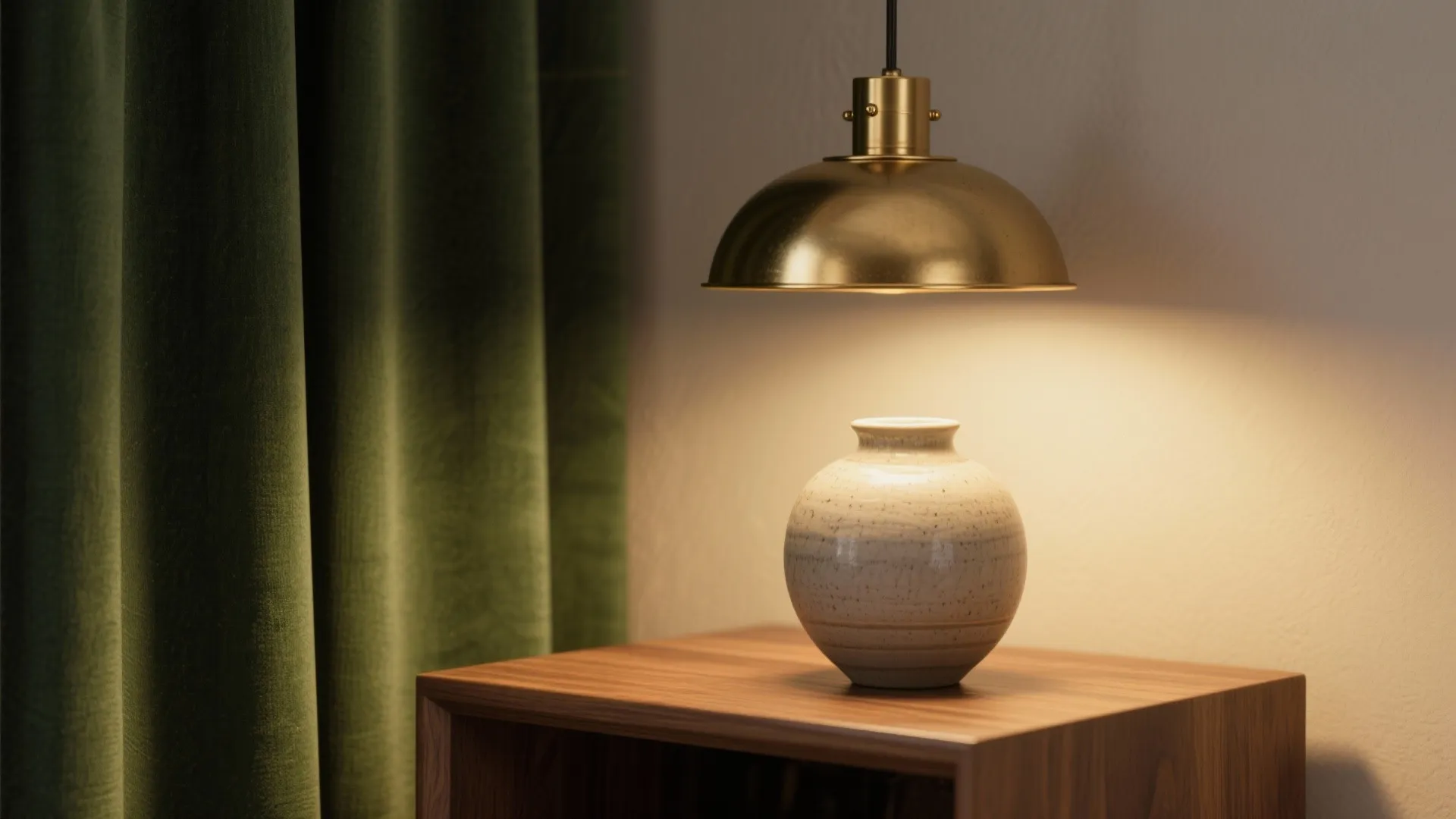 Brass light fixture and medium wood side table adding warmth to olive and grey palette.