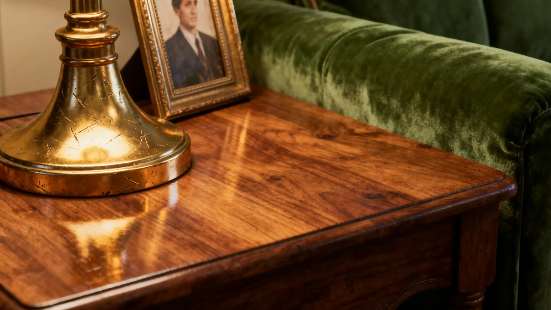 Brass lamp base and teak side table beside a green velvet sofa, showing texture and warm tones