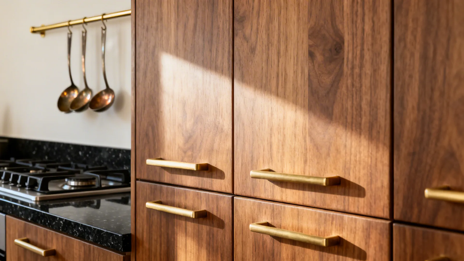 Close-up of teak veneer cabinets with brushed brass pulls and a slim brass utensil rail.