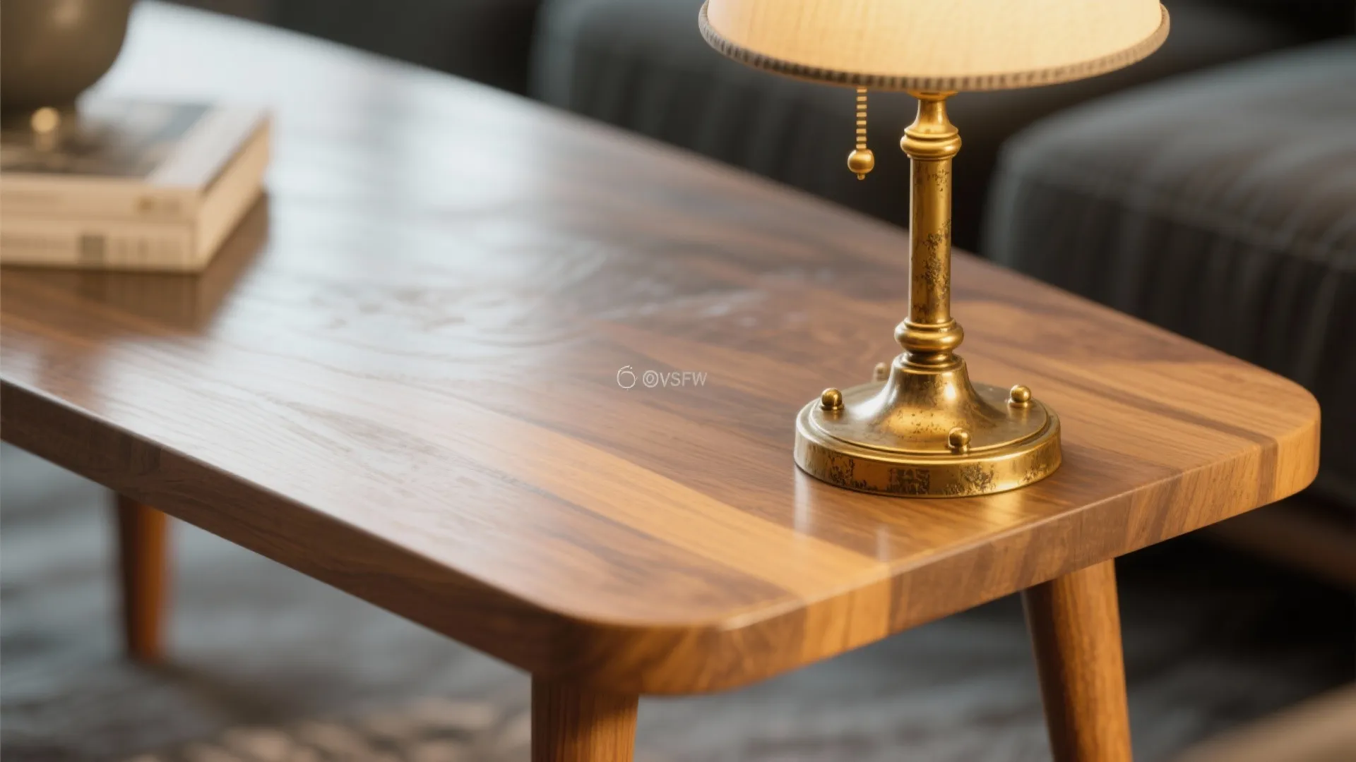 Close up of a wooden coffee table with a vintage brass desk lamp and books