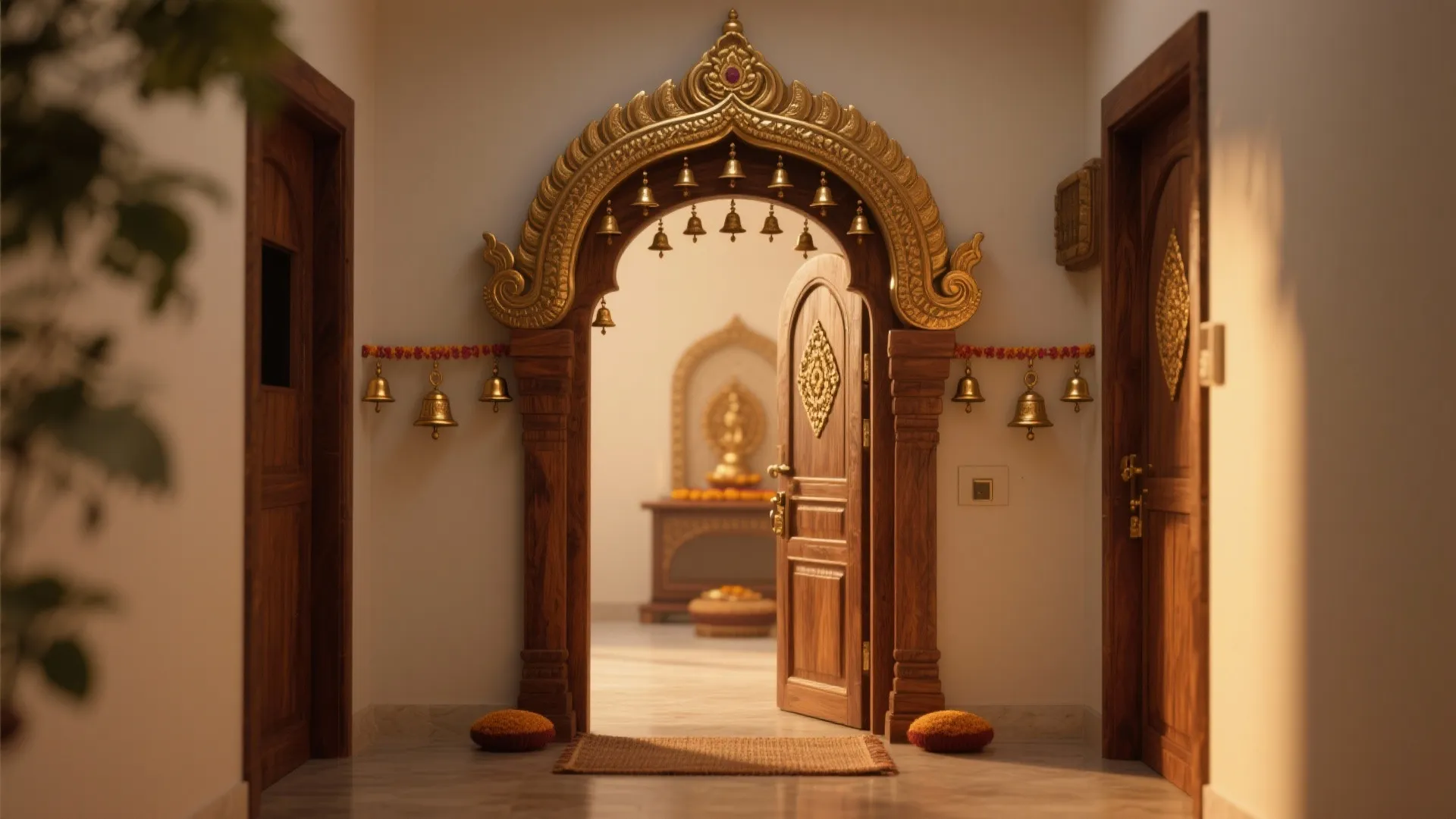Brass-and-Wood Gopuram Doorway with Gentle Bells