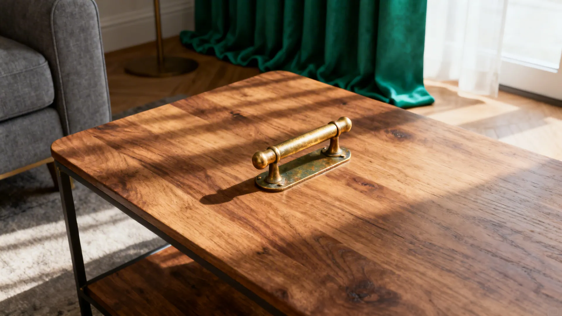 Warm brass accents and mid-tone oak beside emerald fabric and grey upholstery, highlighting textures
