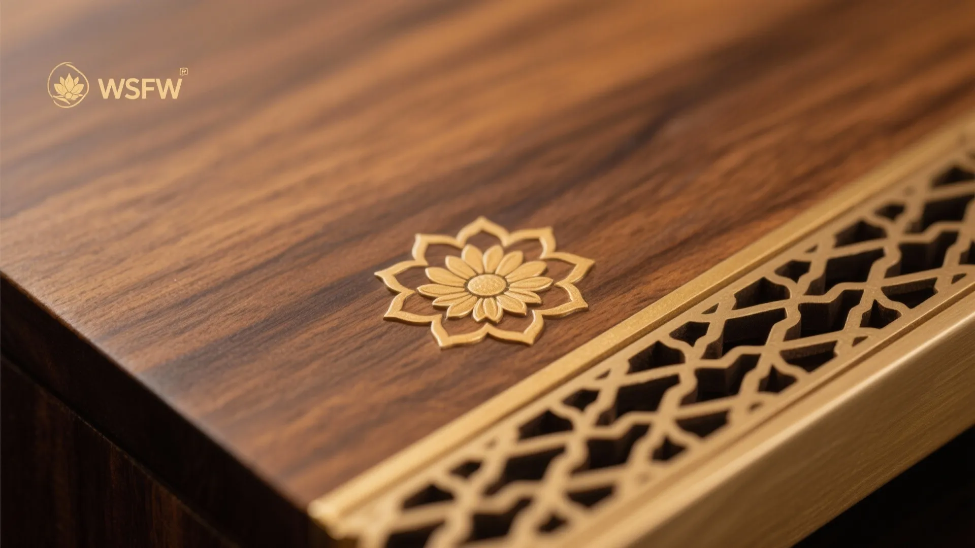 Close up of dark wood surface with gold flower pattern and decorative metal lattice detail design