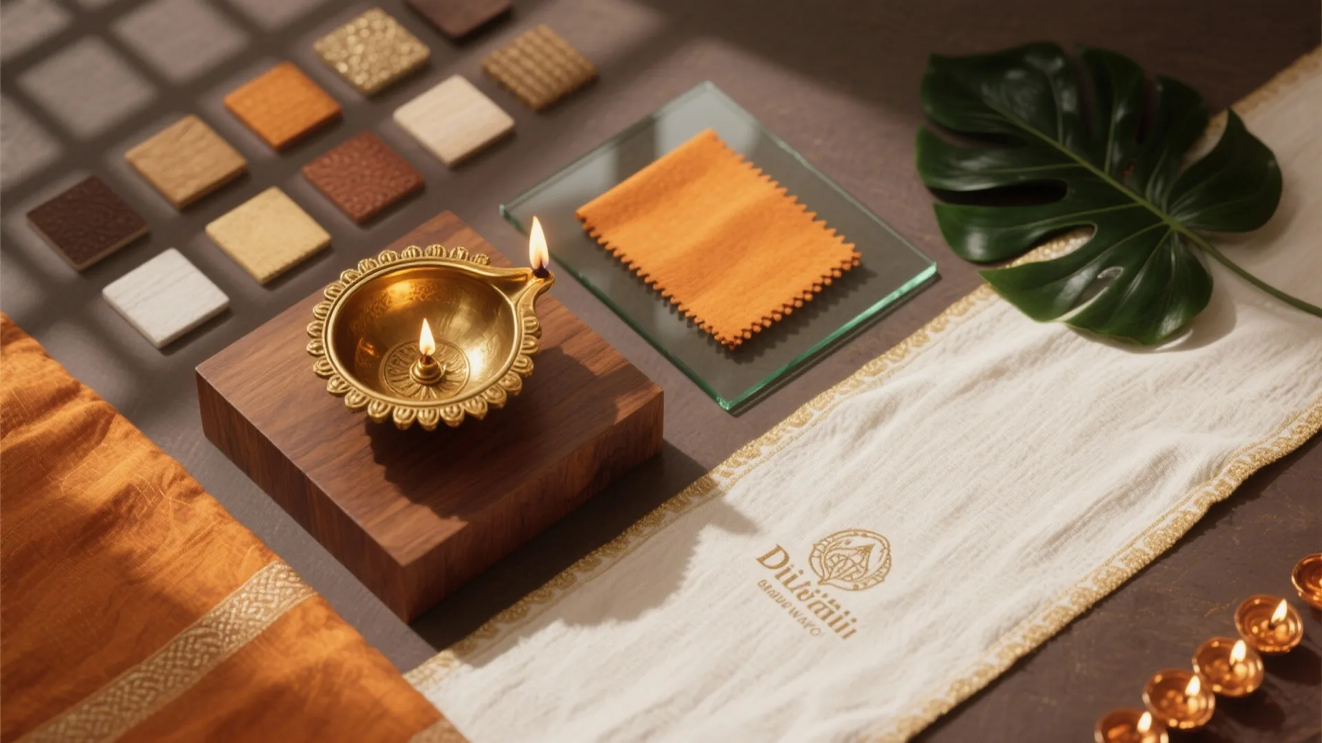 Top-down flat lay of brass diya, wood plinth, glass panel, saffron and ivory textiles, and a green leaf.