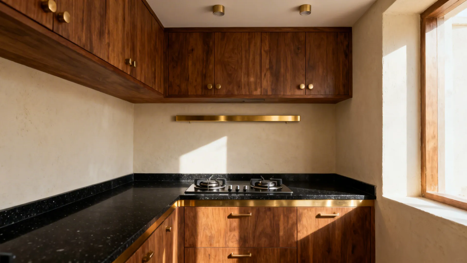Compact kitchen with matte teak cabinets and restrained brushed brass accents.