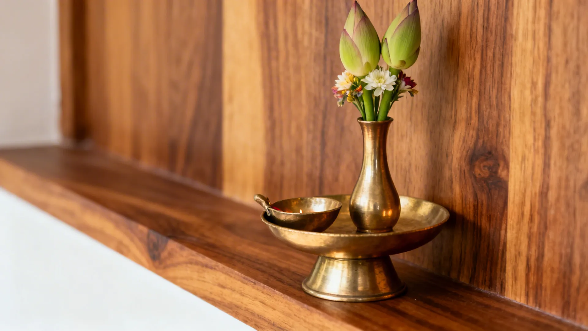 Macro of brushed brass diya stand on a teak ledge with lotus buds in a slim vase.