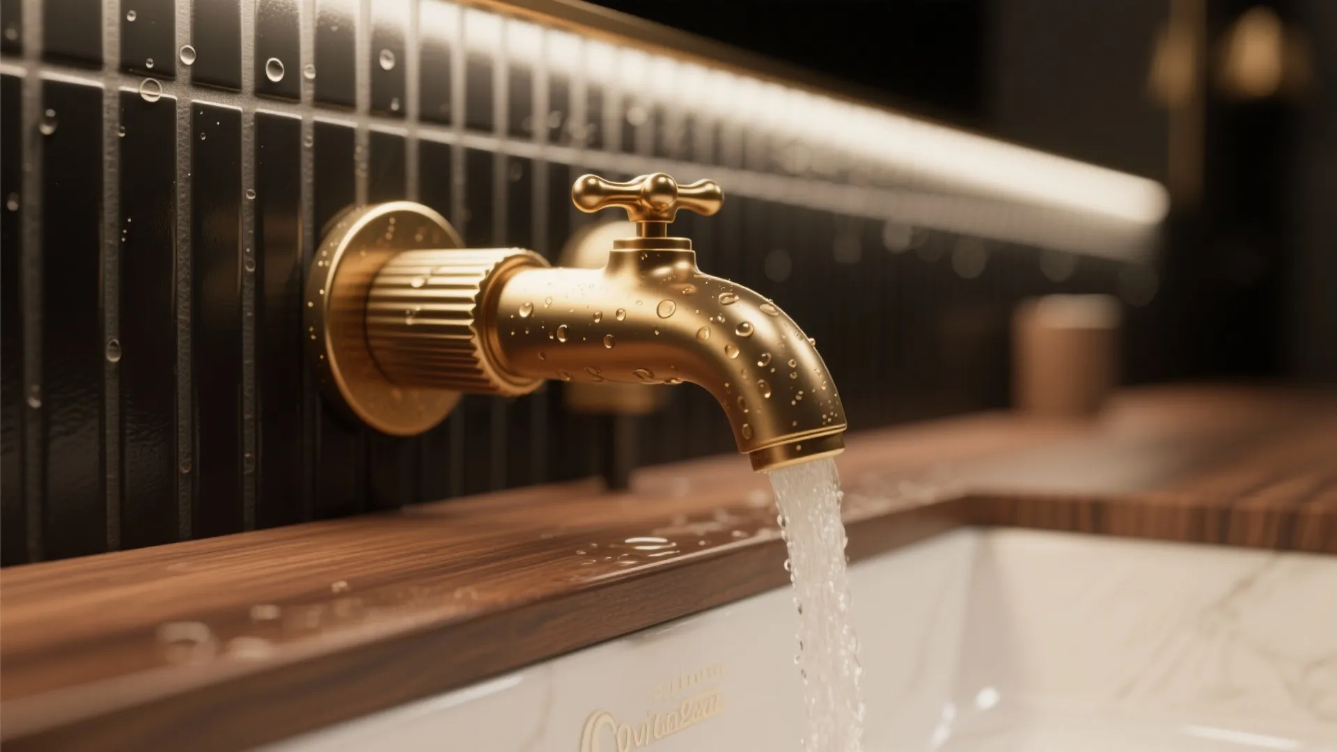 Close up of a gold water tap with flowing water into a white marble sink