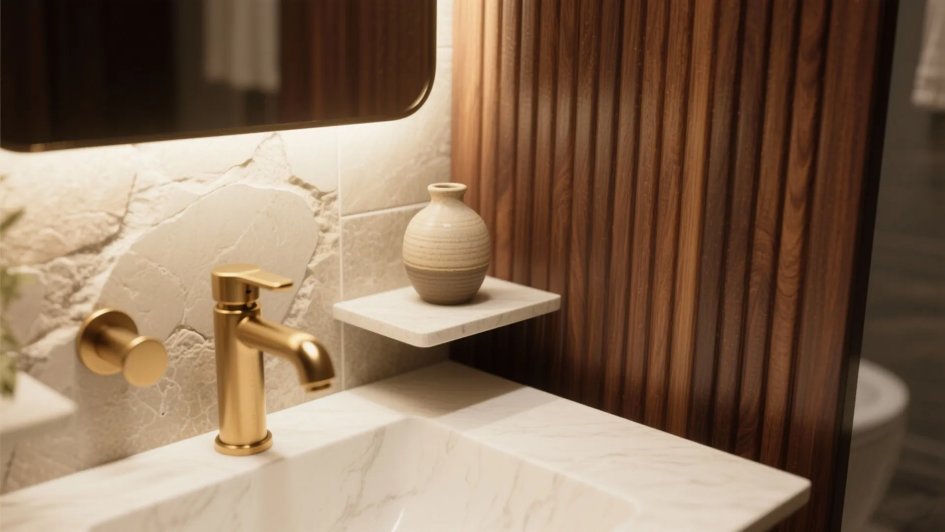 Warm materials and tidy storage: wood accents, brass details, and micro-shelving