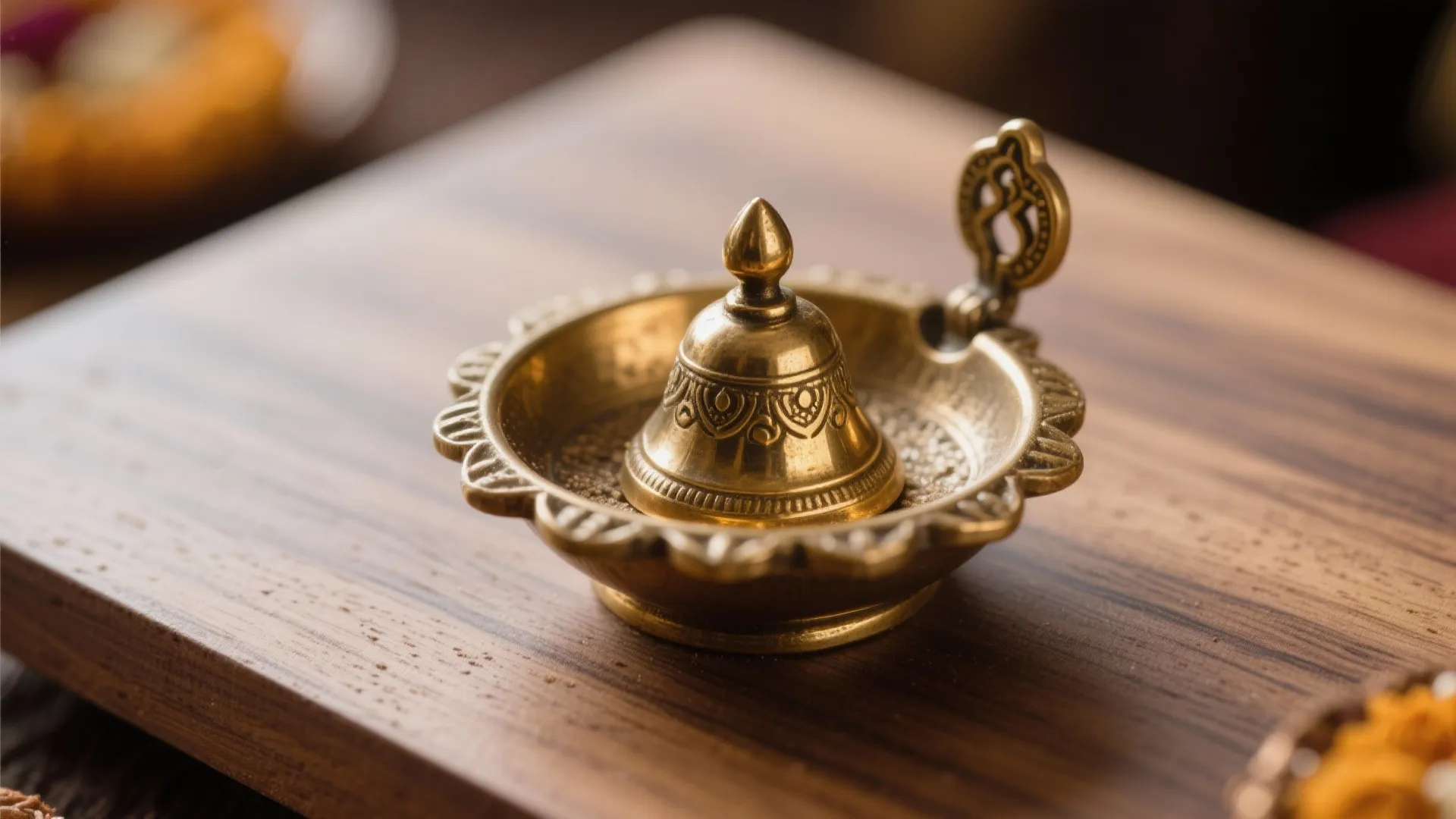 Detailed macro view of a small brass decorative object sitting on a smooth wooden surface