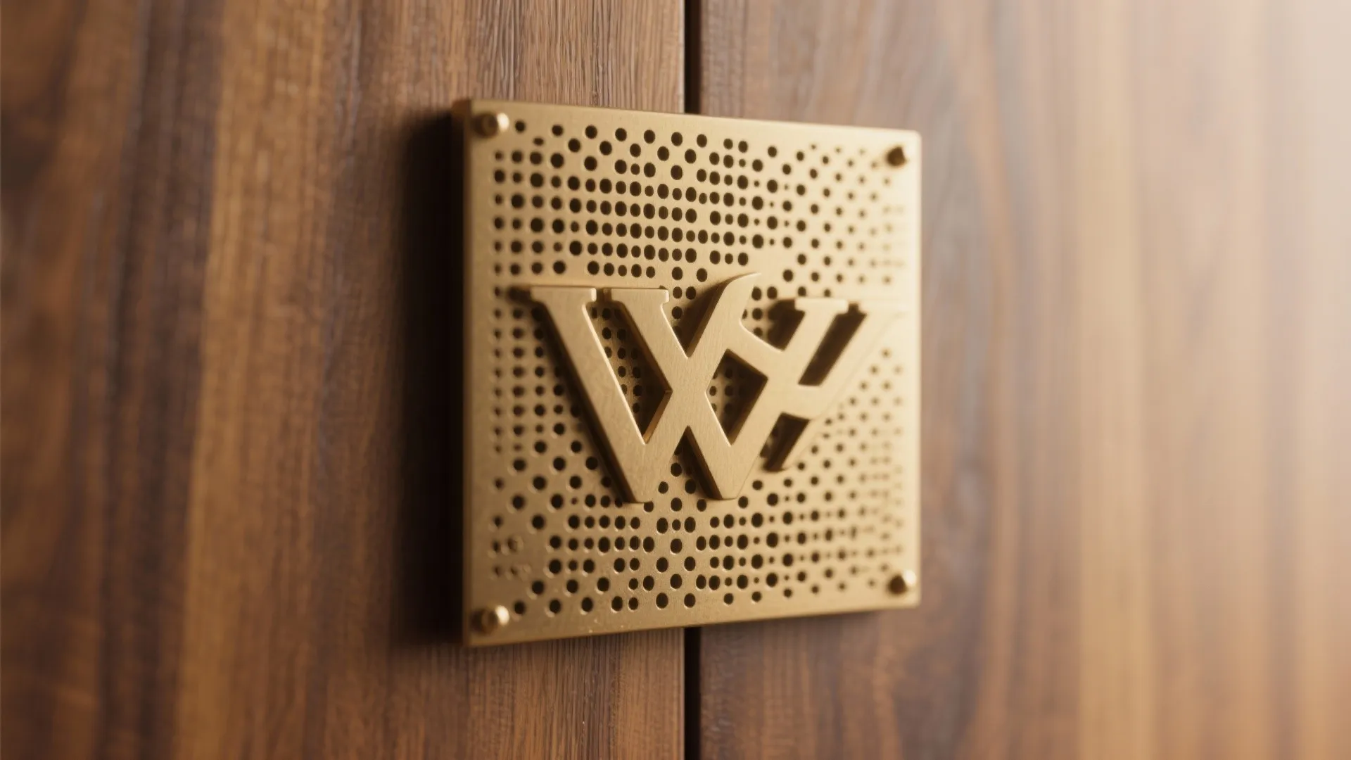 Close-up of a decorative gold metal plate with letter logo attached to dark wood cabinet