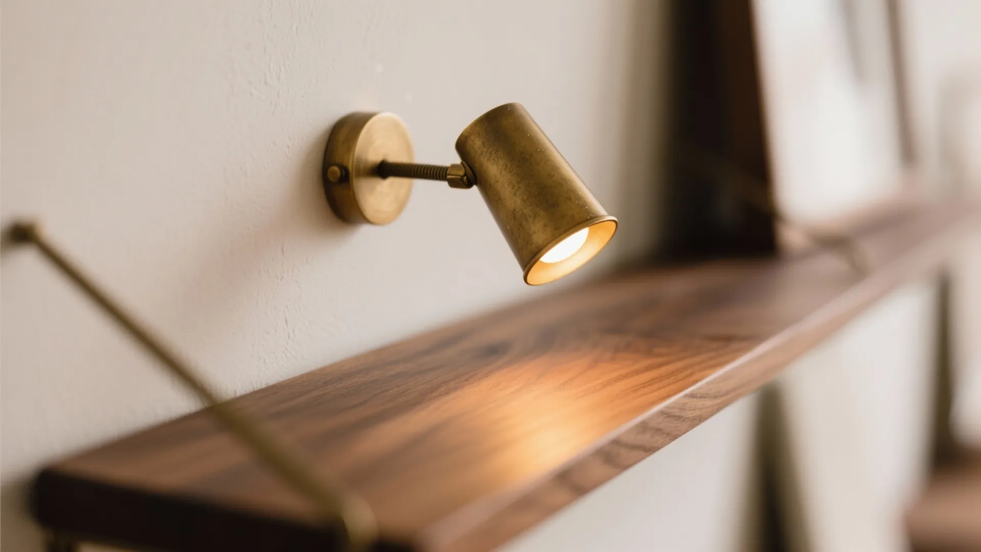 Close up view of brass wall light illuminating a dark wood wall shelf in room