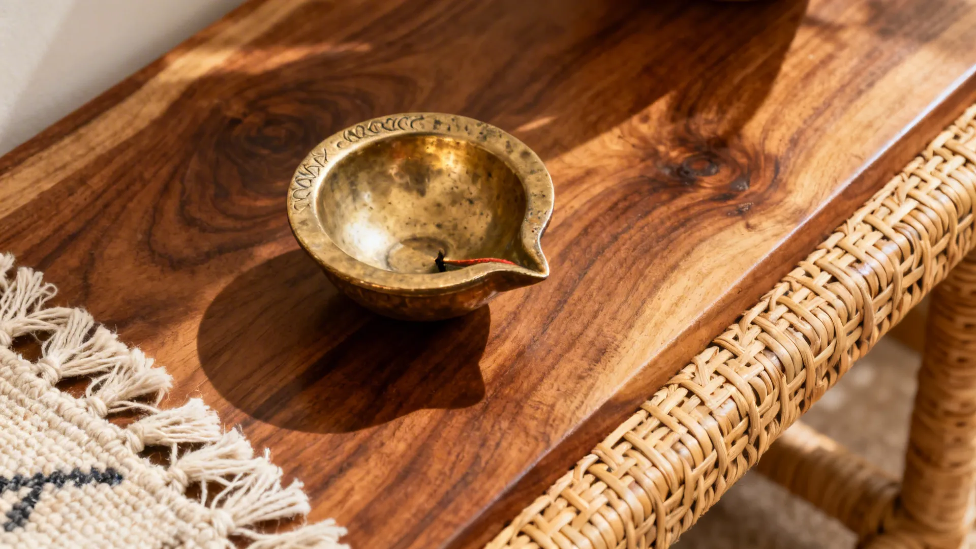 Macro of brass diya on sheesham wood with cane weave and dhurrie texture
